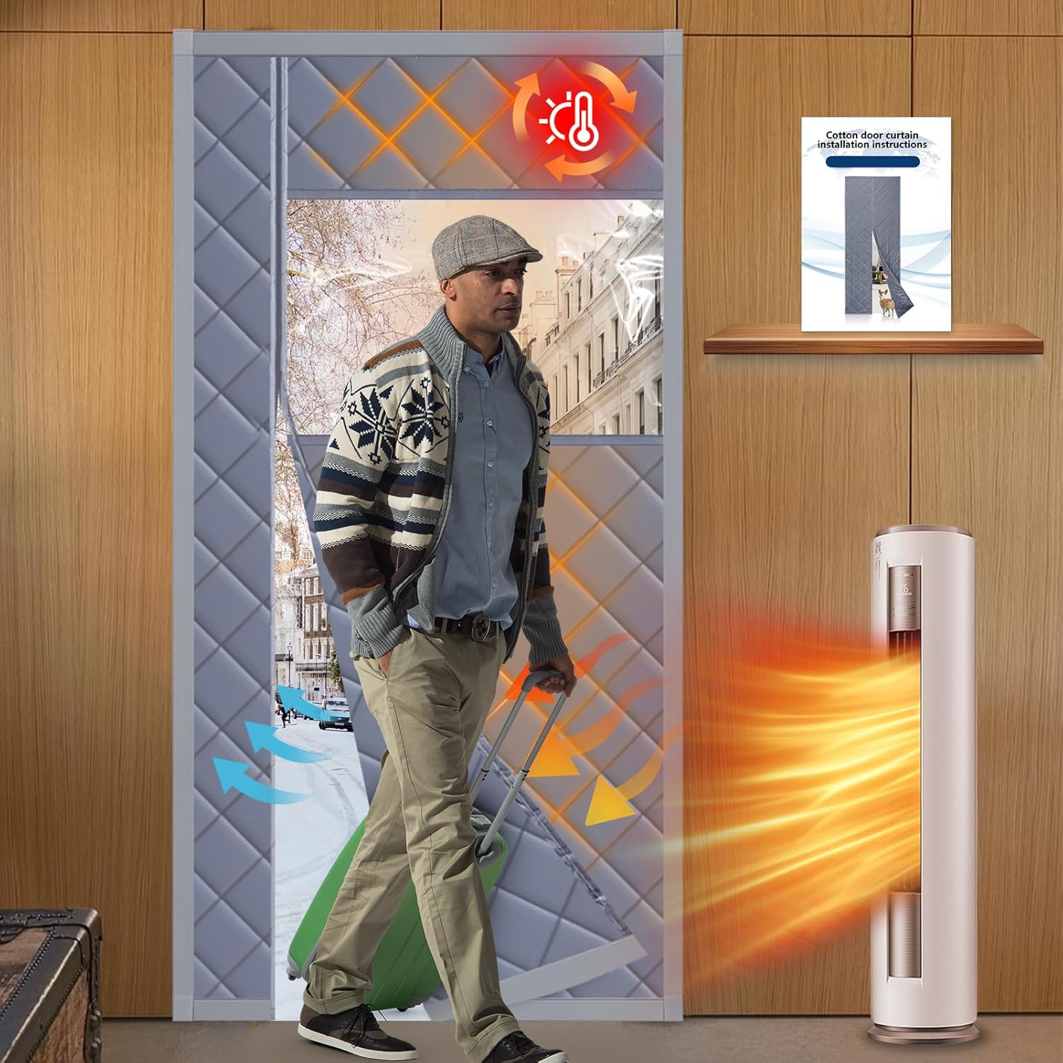 Winter Door Curtain Fits Door Size 38" X 82" Magnetic Thermal Insulated Curtain Insulation Cover Made of Oxford and Cotton Temporary to Soundproof, Side Opening (with Visible Panels)