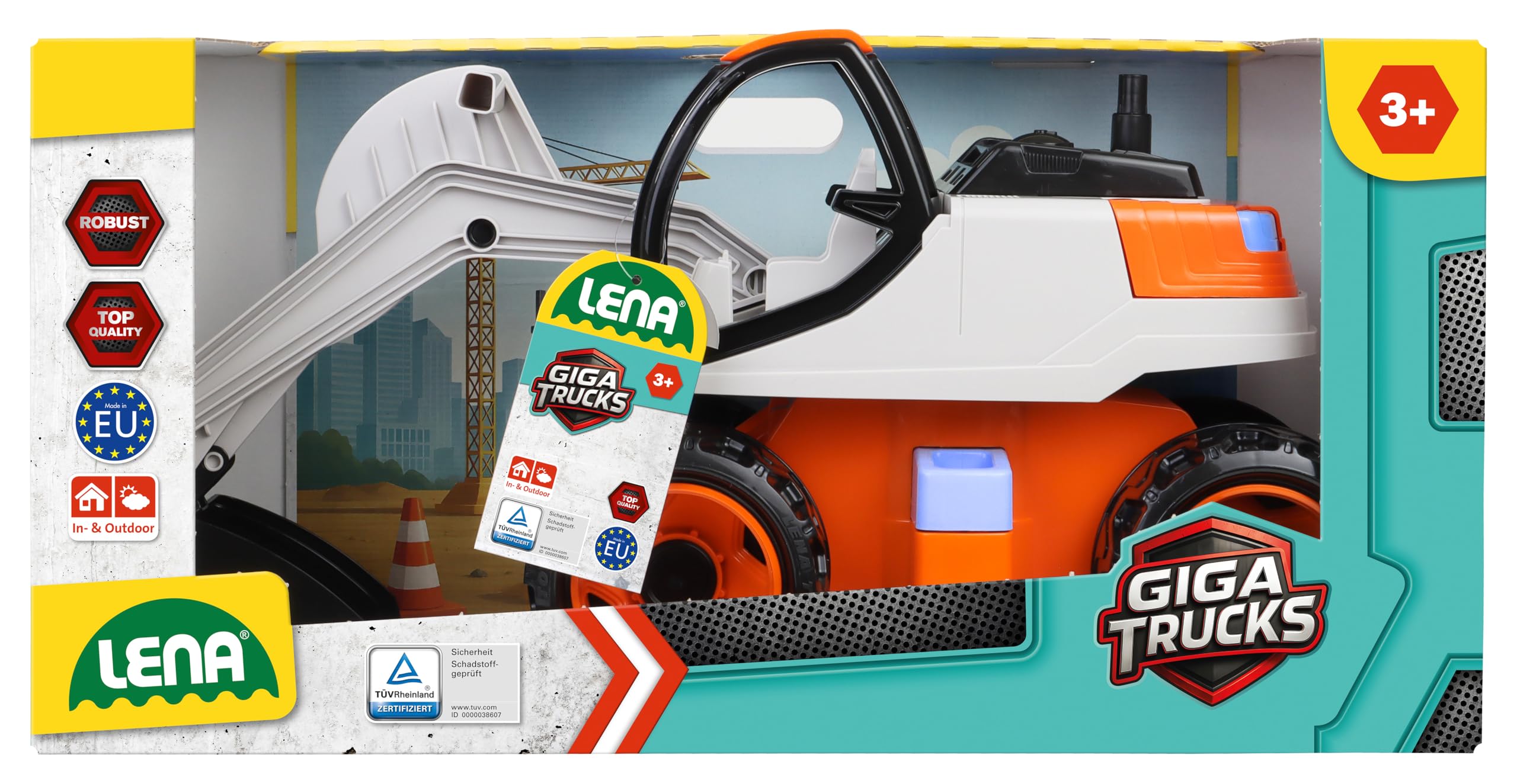 Lena GIGA Trucks Bagger Pro - Spielzeugbagger mit 360° drehbarem Aufsatz & Schaufelfunktion bis 20 cm Tiefe, 6 mm Stahlachsen, 63 cm, Sandkasten Spielzeug für Kinder ab 3 Jahren