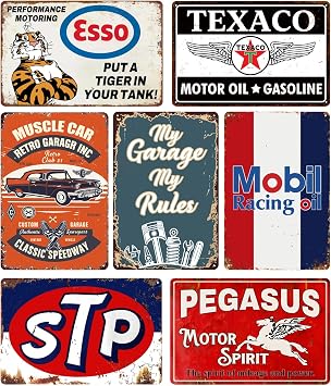 Vintage Metal Tin Signs Set of 7 - Retro Garage & Man Cave Decor, Old Car Posters, Bar Wall Art, 20x30cm Rustic Metal Plaques for Home, Pub, Shed