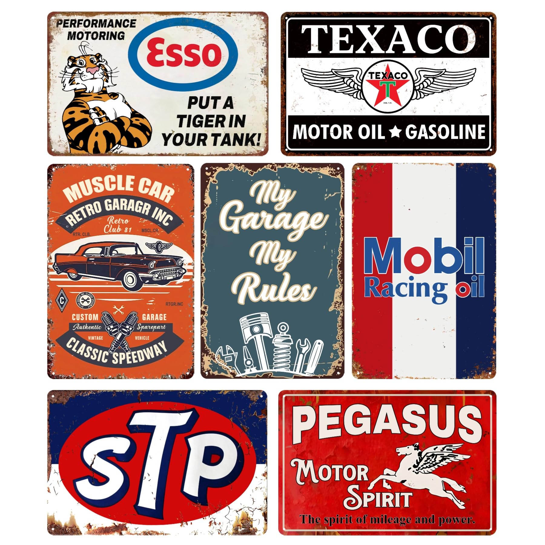 Vintage Metal Tin Signs Set of 7 - Retro Garage & Man Cave Decor, Old Car Posters, Bar Wall Art, 20x30cm Rustic Metal Plaques for Home, Pub, Shed