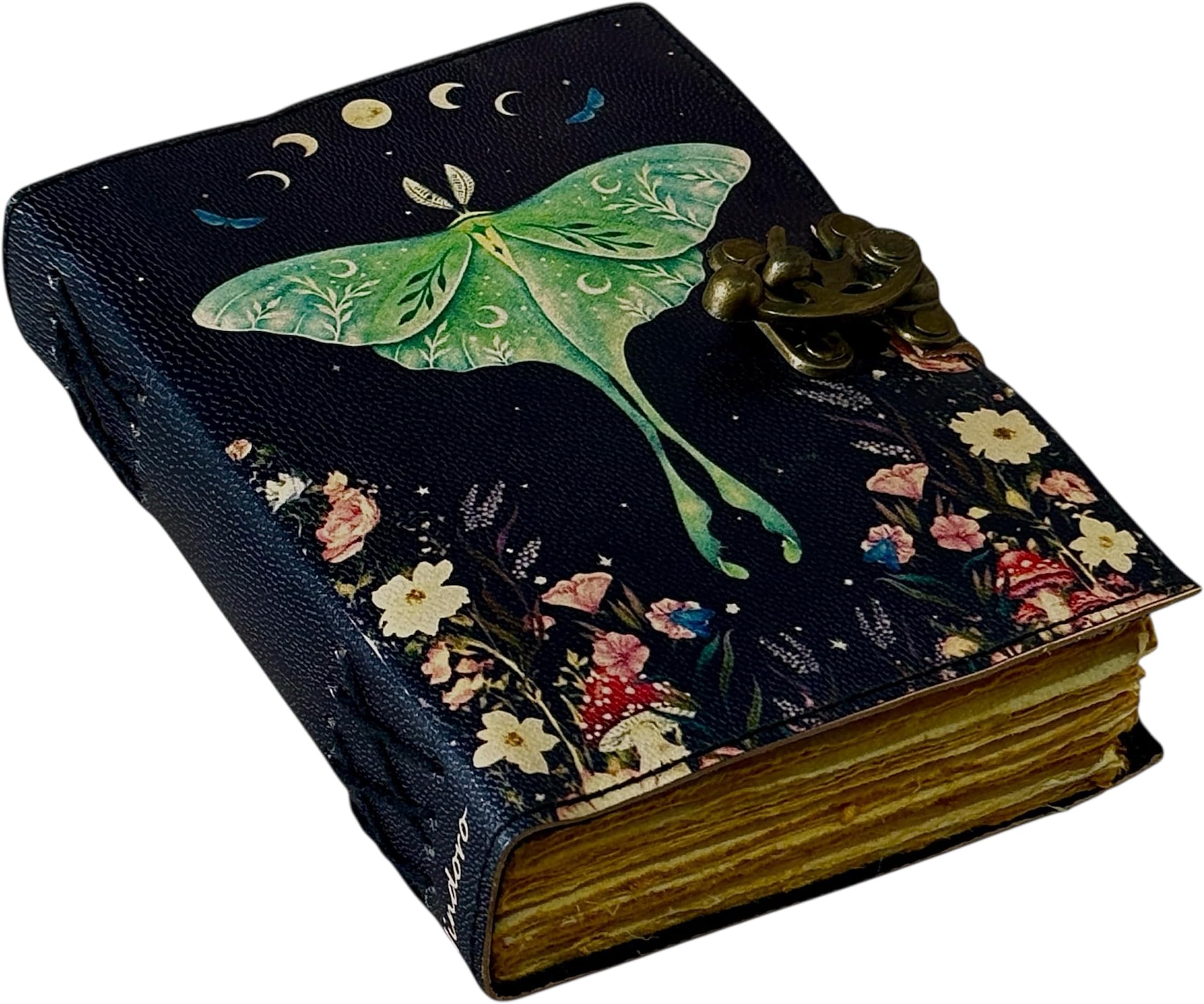 Hindoro Spell Book of Shadows Journal with Lock Clasp Vintage Handmade Leather Luna Moths and Morpho Butterfly Print Diary Prayer Pagan Witchcraft Supplies Wiccan Decor Notebook Daily (7X5 inch)