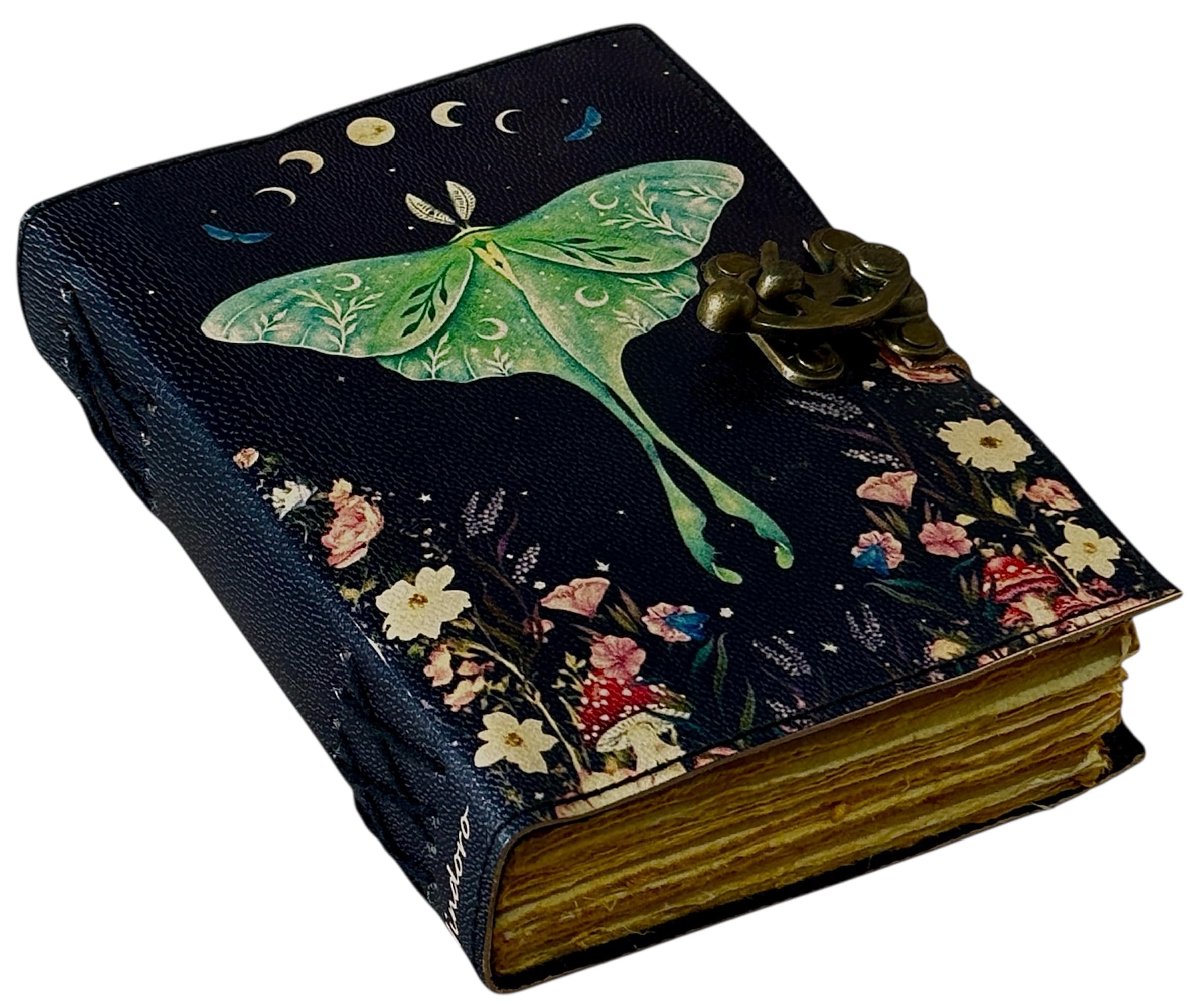 Hindoro Spell Book of Shadows Journal with Lock Clasp Vintage Handmade Leather Luna Moths and Morpho Butterfly Print Diary Prayer Pagan Witchcraft