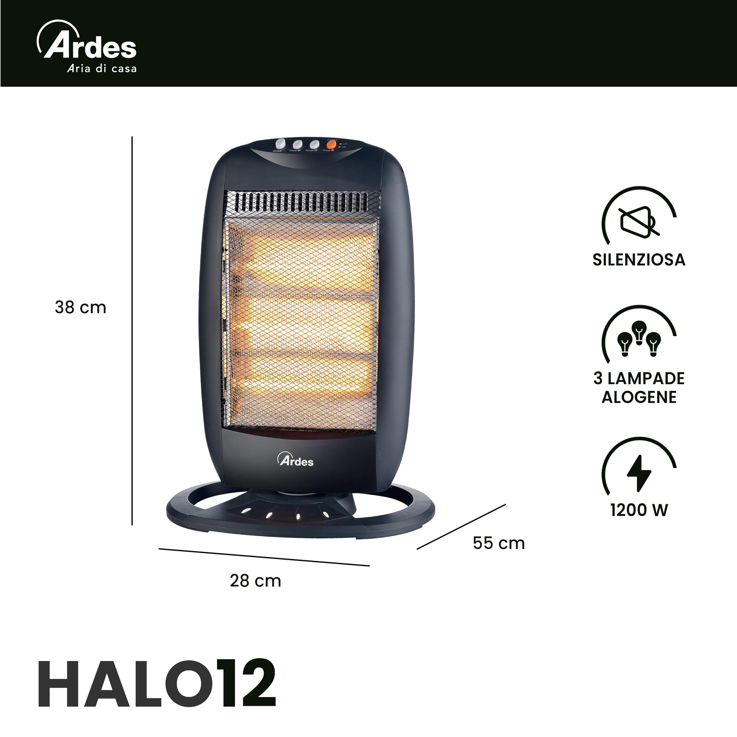 ARDES HALO 12 AR454B Stufa elettrica alogena 1200 W con 3 livelli | oscillazione orizzontale e copertura 40 m³, termoventilatore a basso consumo per uso domestico