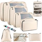 Toncoke 8-Piece Packing Cubes for Travel, Mesh Luggage Organizers with Shoe Bag, Toiletry Bag, Laundry Pouches, 4 Sizes (XL/L/M/S) for Suitcase Organization, Men Women Kids, Beige