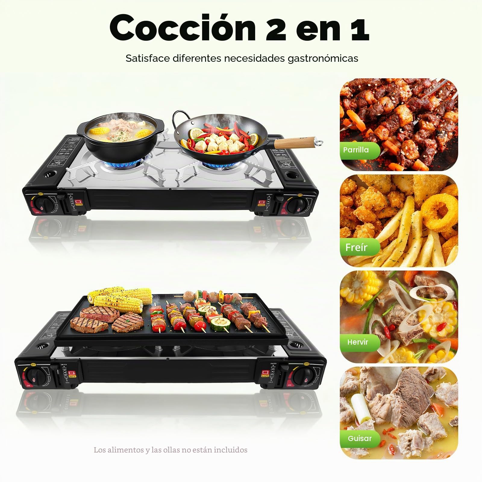 Juego de barbacoa de gas 2 en 1, hornillo de gas de 2 quemadores, hornillo portátil de camping con plancha + parrilla, para camping, viajes, trekking y cocina al aire libre