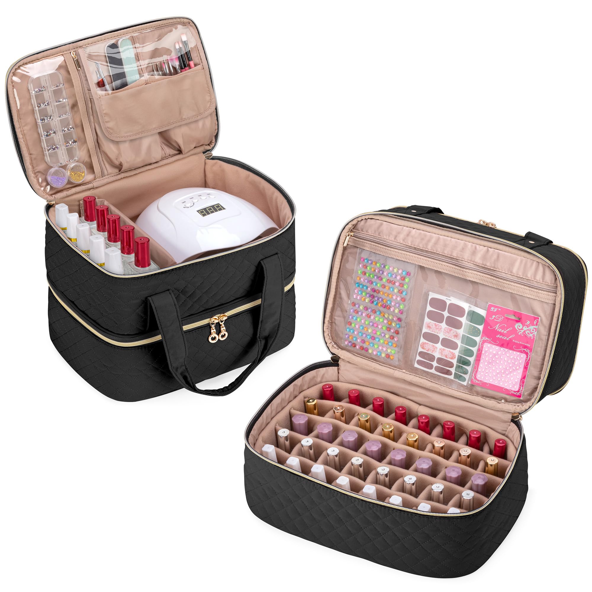 Yarwo Nail Polish Organiser Fits a Nail Lamp and 50 Bottles (15ml/0.5 fl.oz), Double Layers Nail Polish Case with Adjustable Dividers for Nail Art Tools, Black(Patent Pending)