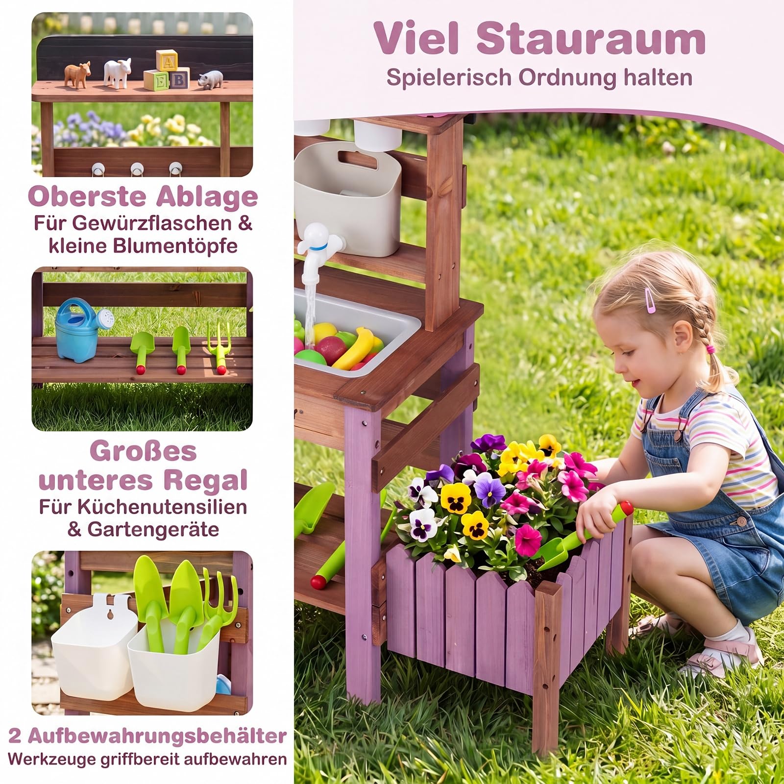 COSTWAY Matschküche Kinder Outdoor, mit Wassertank & Töpfe, ab 3 Jahren | Tannenholz, mit Wasserhahn & Spülbecken, Pflanzkasten & Blumentopf, inkl. 15 Zubehörteile, für kreatives Rollenspiel
