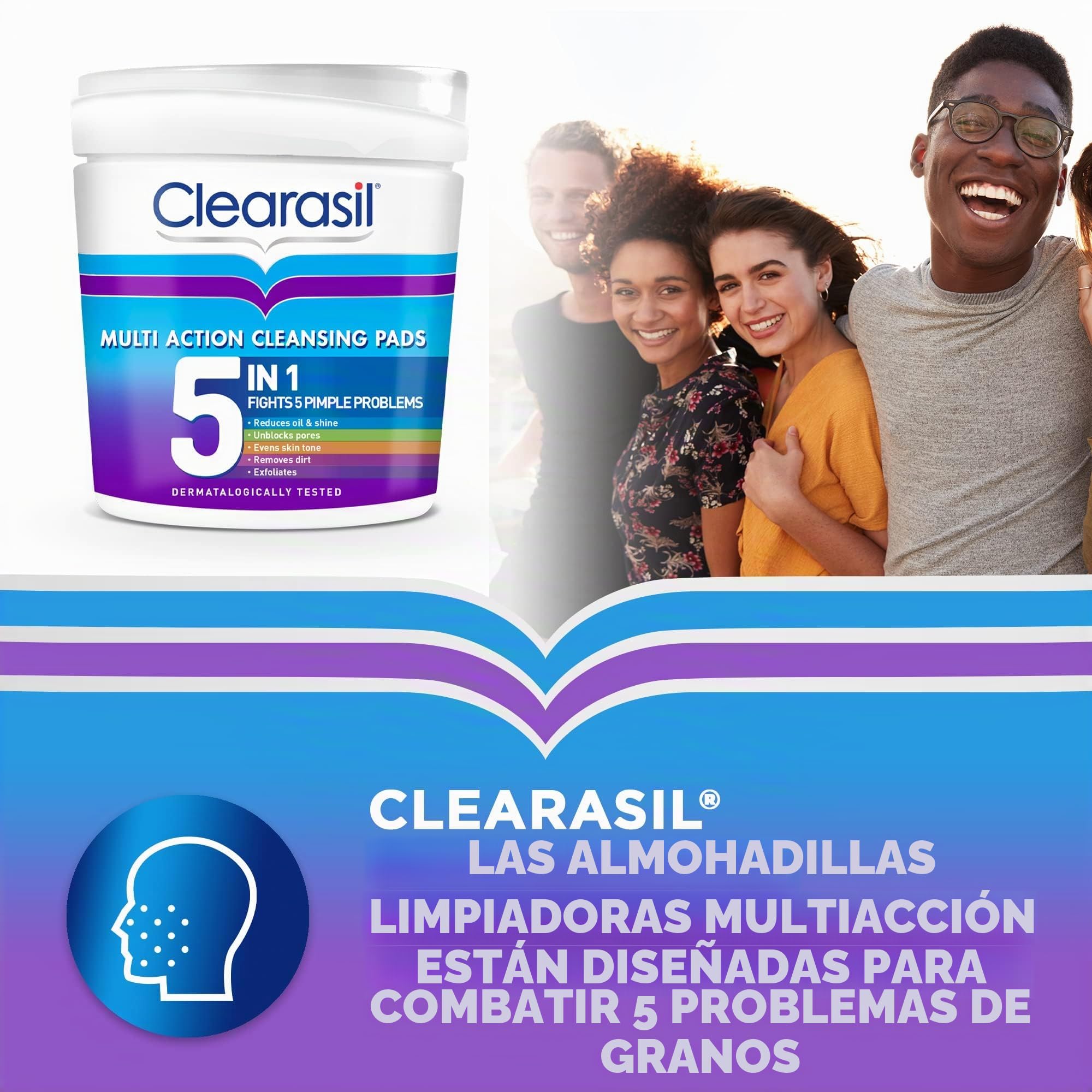 Clearasil Almohadillas de ácido salicílico ultra limpiadoras 5 en 1, exfoliante facial para piel propensa al acné, desbloquea poros, reduce puntos negros, espinillas y exceso de aceite, prevención