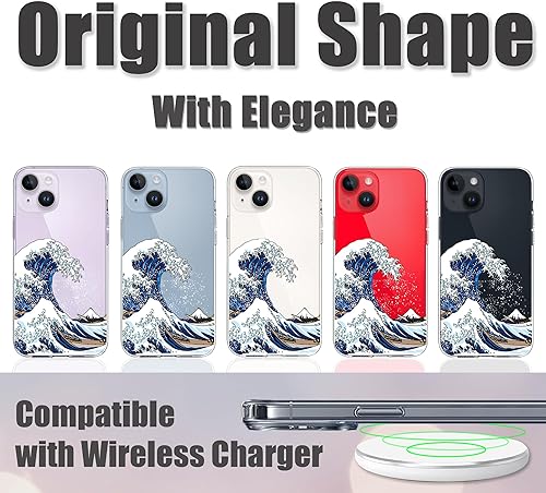 Miniatura 4 de KEXAAR Funda para iPhone 14 diseño de ondas japonesas transparente del mar del océano para niñas y mujeres parachoques de TPU suave parte trasera