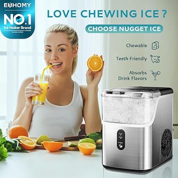 EUHOMY Nugget Ice Makers Countertop, Pebble Ice Maker Machine with 34lbs/24H Soft Ice, Self-Cleaning Sonic Ice Maker with Ice Scoop&Basket, Pellet Ice Maker for Home/Kitchen/Office(Stainless Steels)