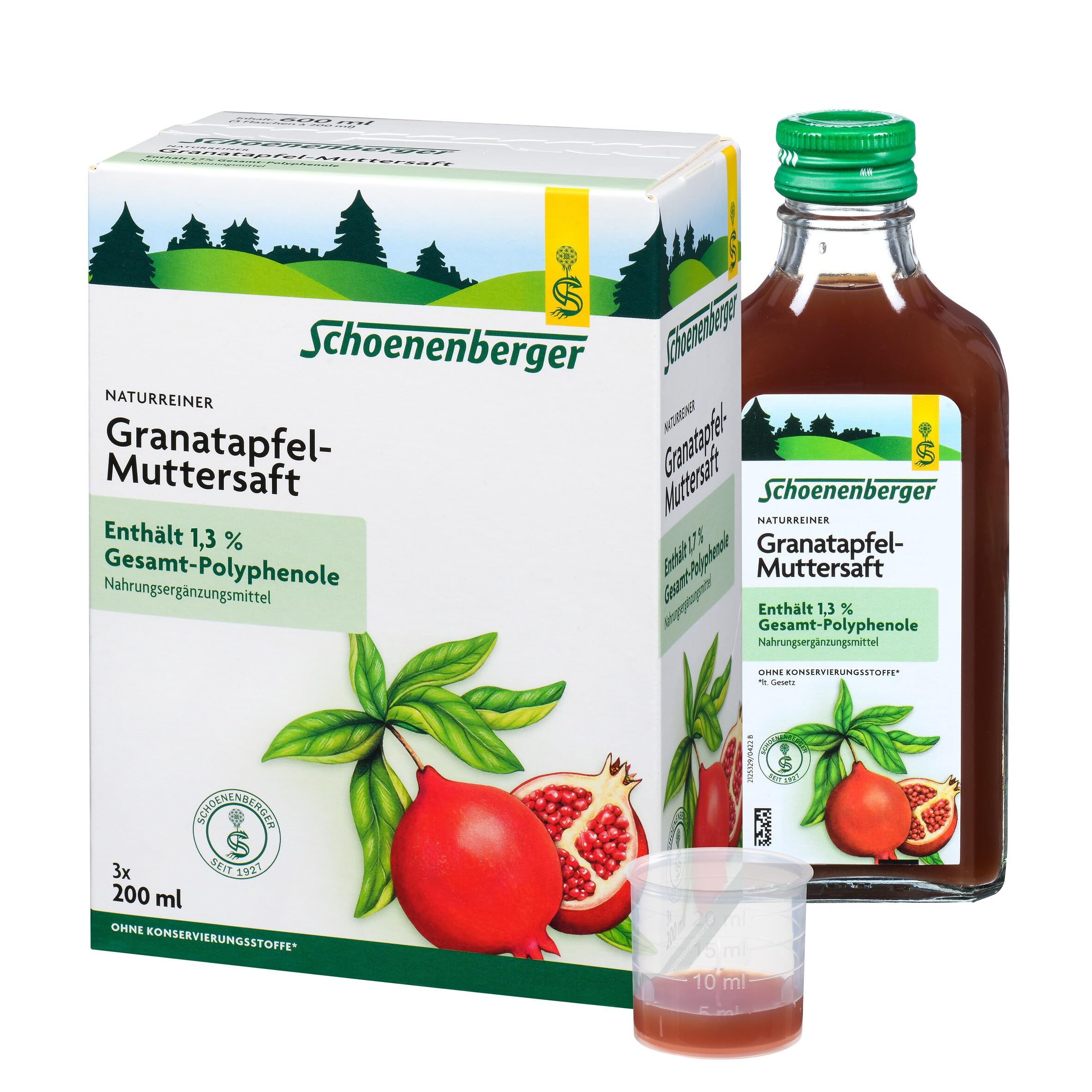 Schoenenberger - naturreiner Granatapfel-Muttersaft - 3x 200 ml (600 ml) Glasflaschen - mit 1,7% Polyphenolen - Nahrungsergänzungsmittel - bio