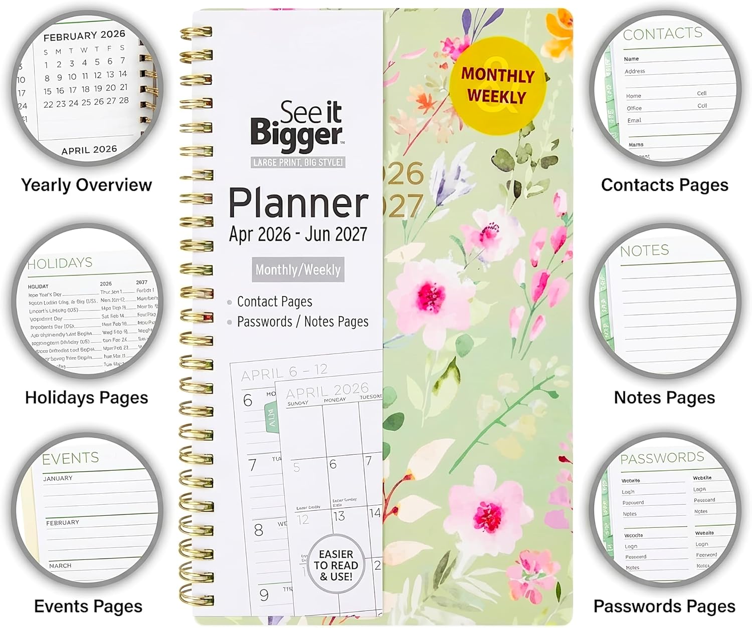 PlanAhead See IT Bigger Size 8. April 2026 – June 2027 8.75" x 5.5" x 0.5" Monthly/Weekly Medium Planner and Customizable Pen (Flowers)