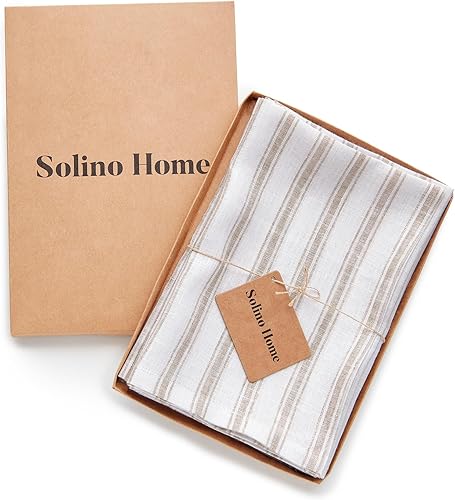 Miniatura 6 de Solino Home Juego de 4 servilletas de lino 100 % puro, 20 x 20 pulgadas, color blanco y natural, diseño de rayas capri, lavables para Acción de