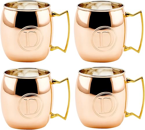Tazas Moscow Mule de cobre macizo de 16 onzas, monograma D, juego de 4