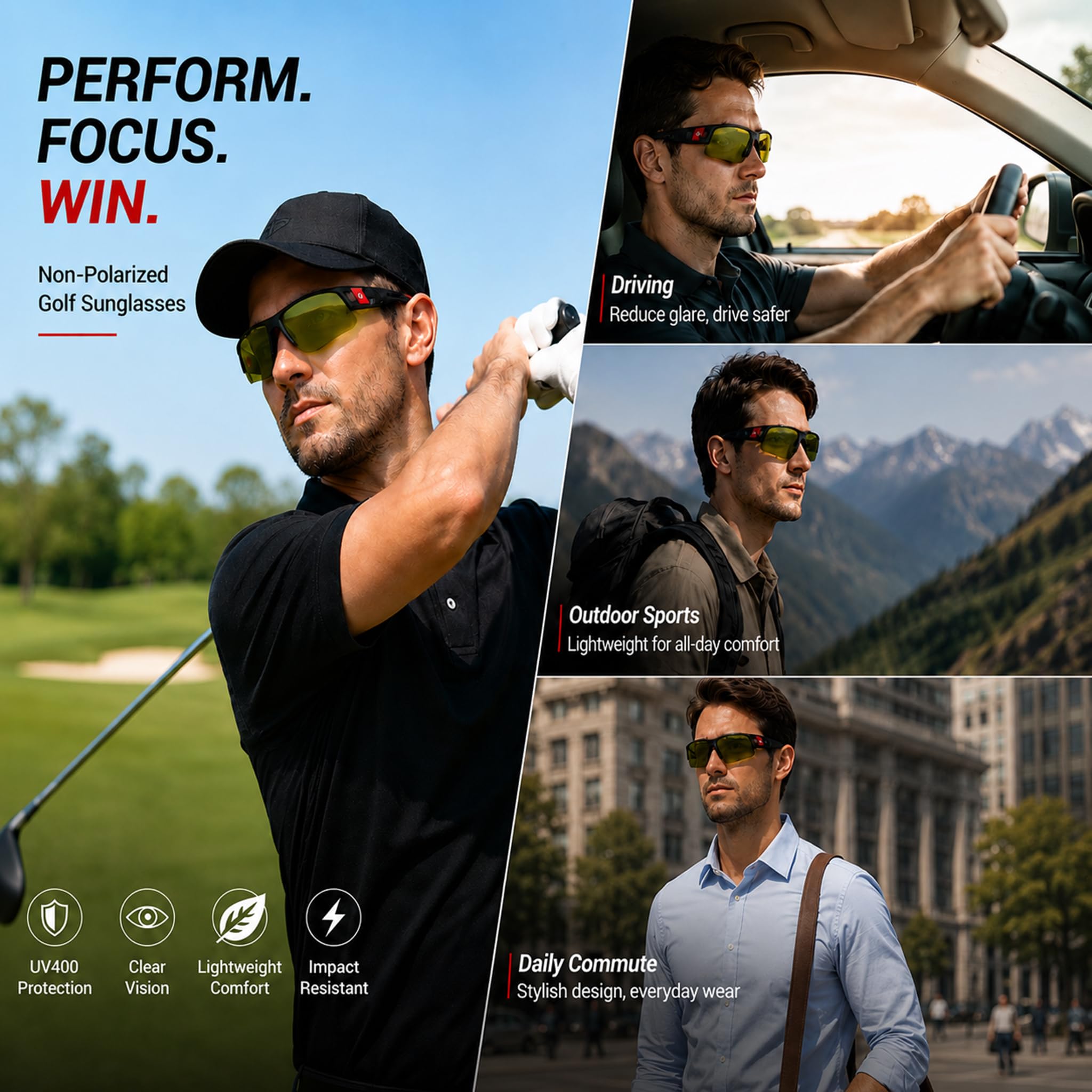 Gafas de sol de golf para hombres y mujeres, gafas de sol deportivas sin montura con protección UV400, Bj810 Marco negro y lente verde, conventional