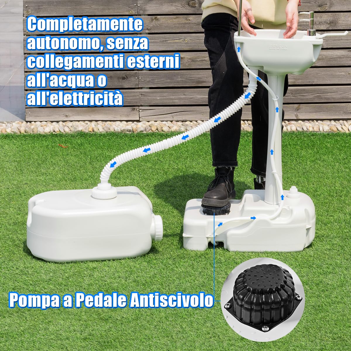 COSTWAY Lavandino da Campeggio con Pompa a Pedale, Lavandino Portatile con Serbatoio d'Acqua da 17L, Dispenser Sapone, Portasciugamani e Ruote (58 x34 x 102cm)