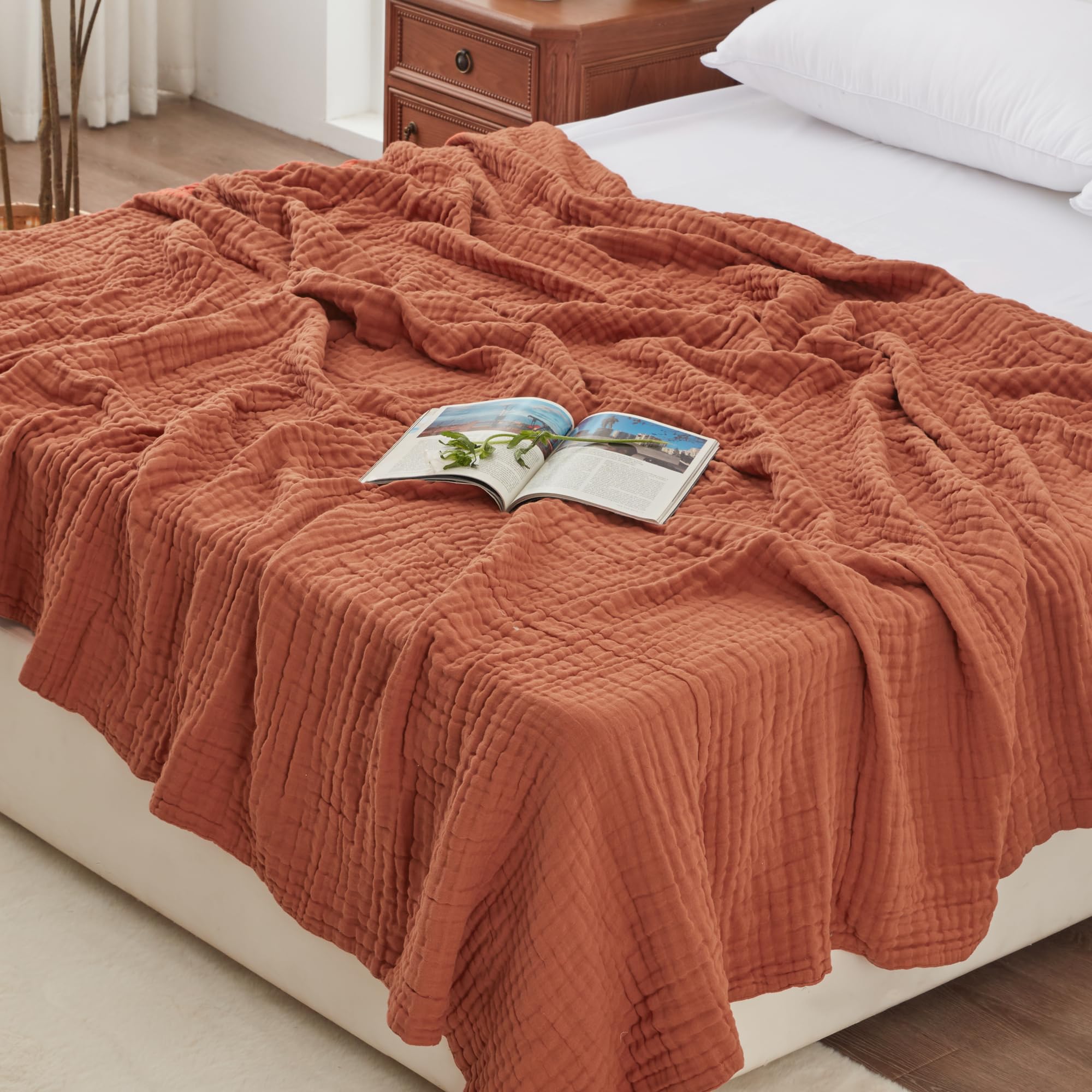 Love's cabin 6 Layer 100% Cotton Muslin Blanket, 108"x90" Muslin King Size Blanket for Bed Couch, Orange King Muslin Blanket, Cotton Gauze Blanket for Adult, Lightweight and Breathable Blanket