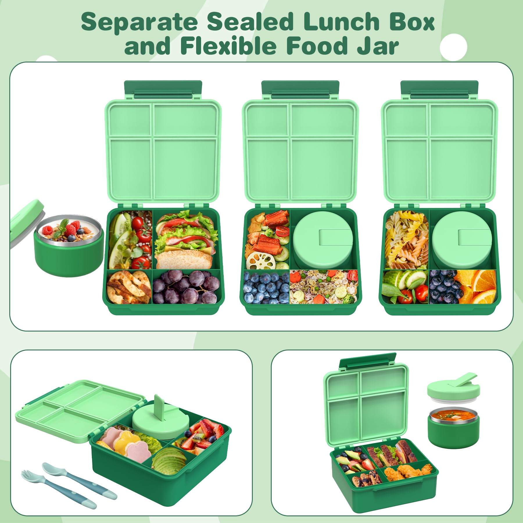 Itslife Fiambrera Infantil con 300ml Termo para Comida, Bento Box para Niños, Lunch Box con 4 Compartimentos y Cubiertos, sin BPA, Fiambrera para Niños a Prueba de Fugas, Verde