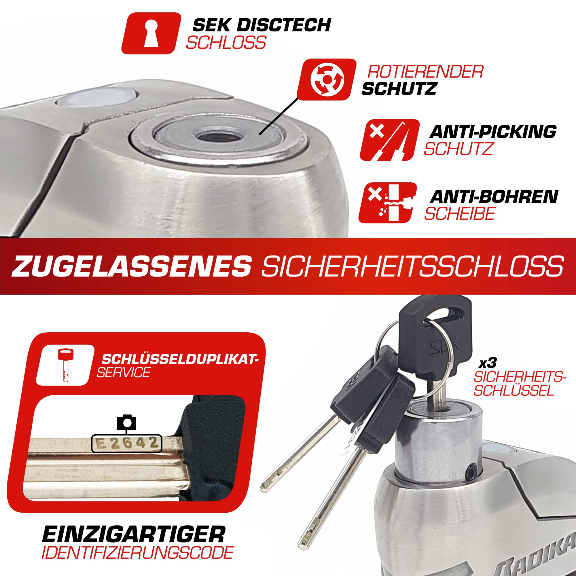 RADIKAL RK14S Bremsscheibenschloss Premium mit Alarm | Aktivierung nach Wahl, 120 dB, LED Warnung Voralarm | Motorrad Schloss SRA-Zertifiziert, aus Edelstahl, Doppelverriegelung Ø14, INOX