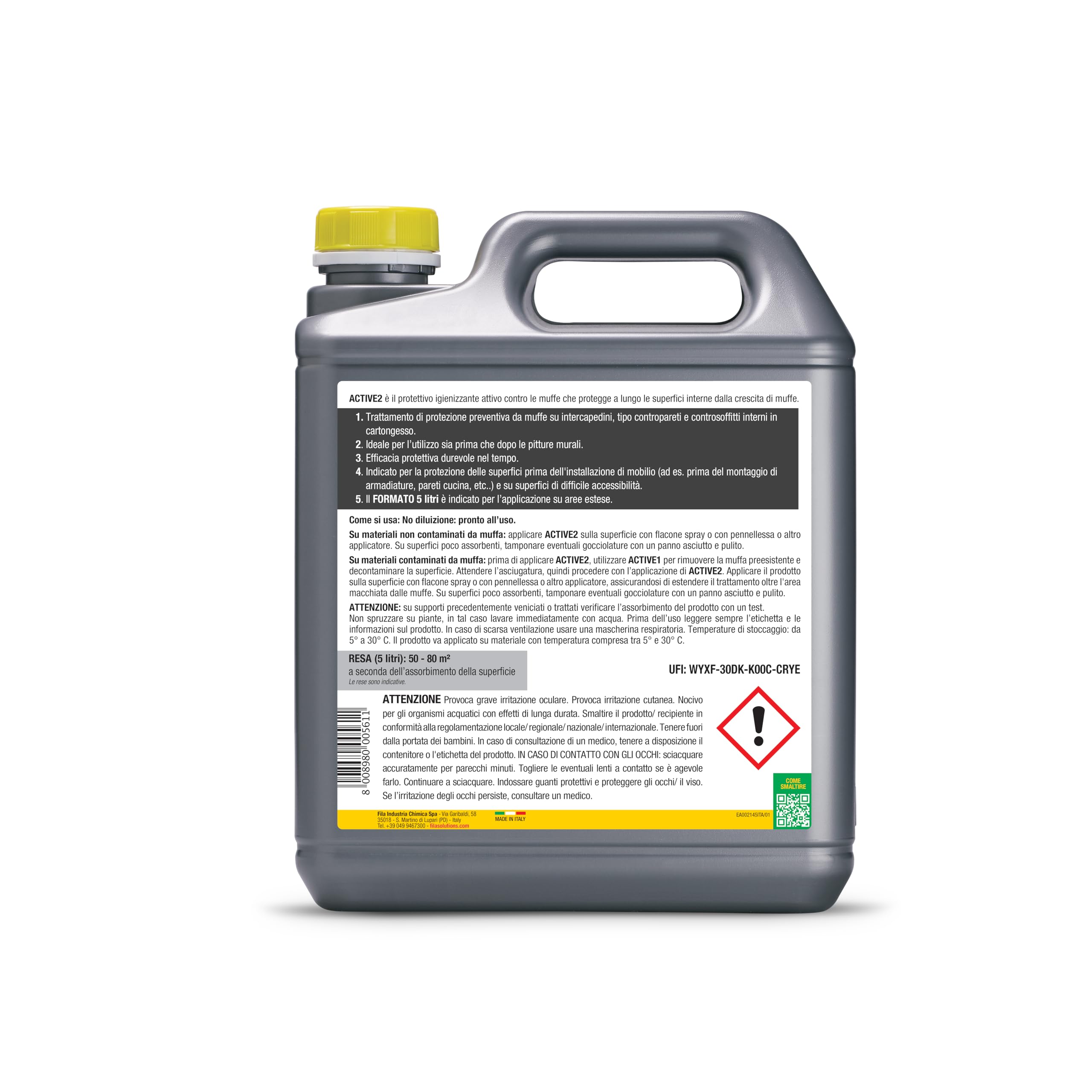 FILA Surface Care Solutions, ACTIVE2, Protettivo Anti Muffa contro la Ricomparsa, Antimuffa per Muri Interni al posto della Vernice Antimuffa, Trattamento Liquido Trasparente Protettivo, 5L