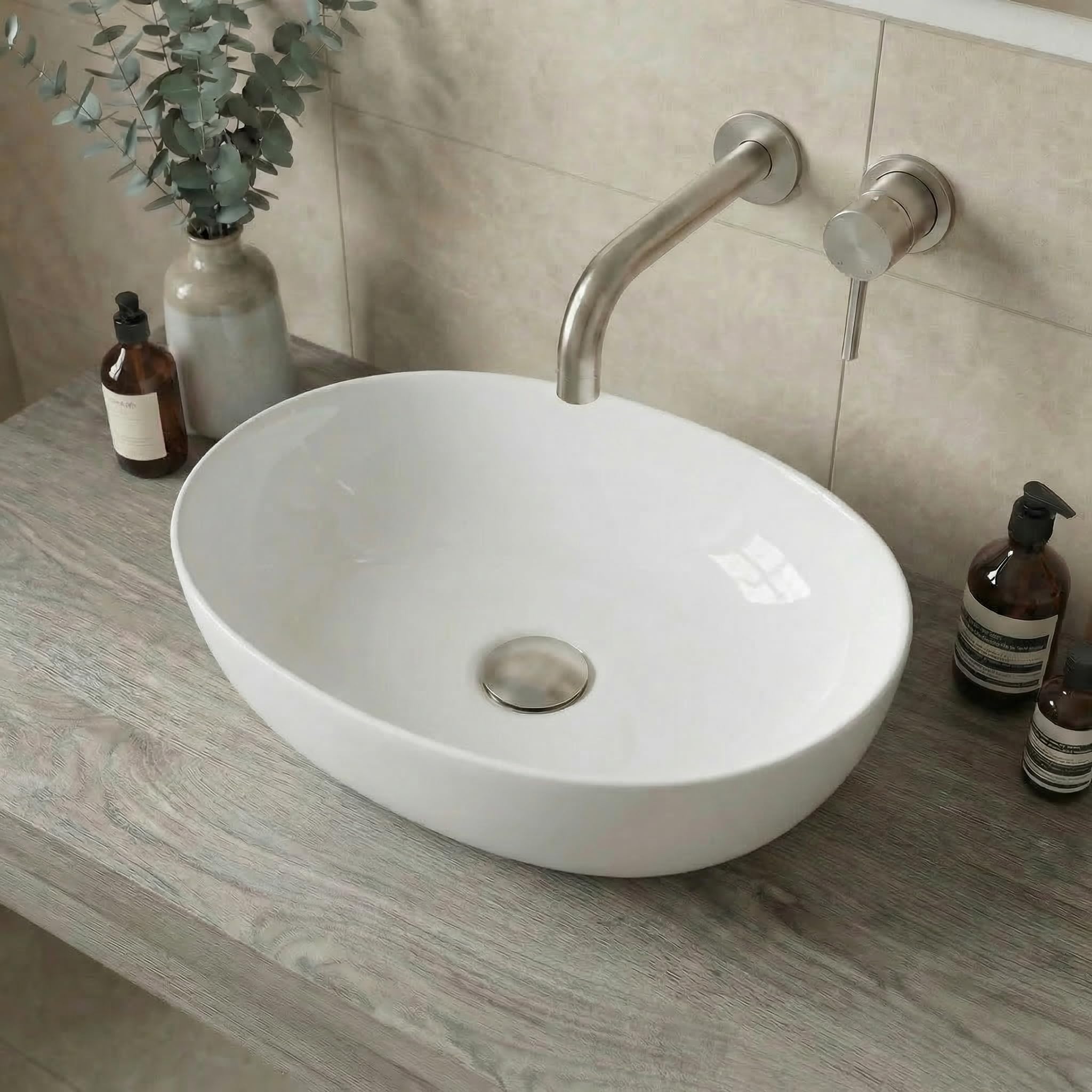BAYSTONE® Countertop Basin for Bathroom and Cloakroom Hand Wash Basins Sink Modern White Gloss Oval, 505 x 398mm