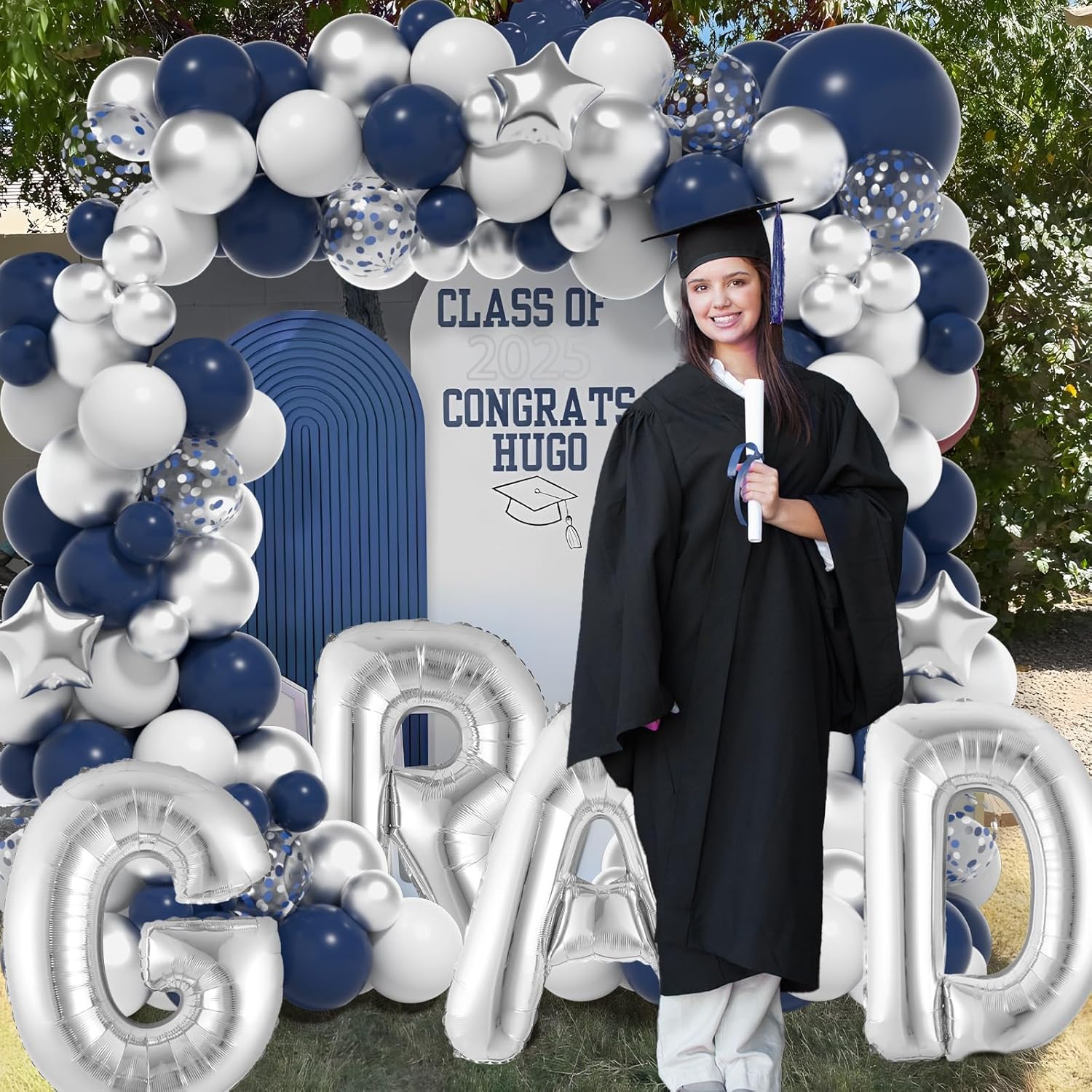 Class of 2025 Navy Blue Graduation Balloons Garland Arch with Grad Backdrop 2025 Grad Letter Balloons for Silver Blue Graduation Party Decorations Congrats Grad Decorations Supplies - Image 5