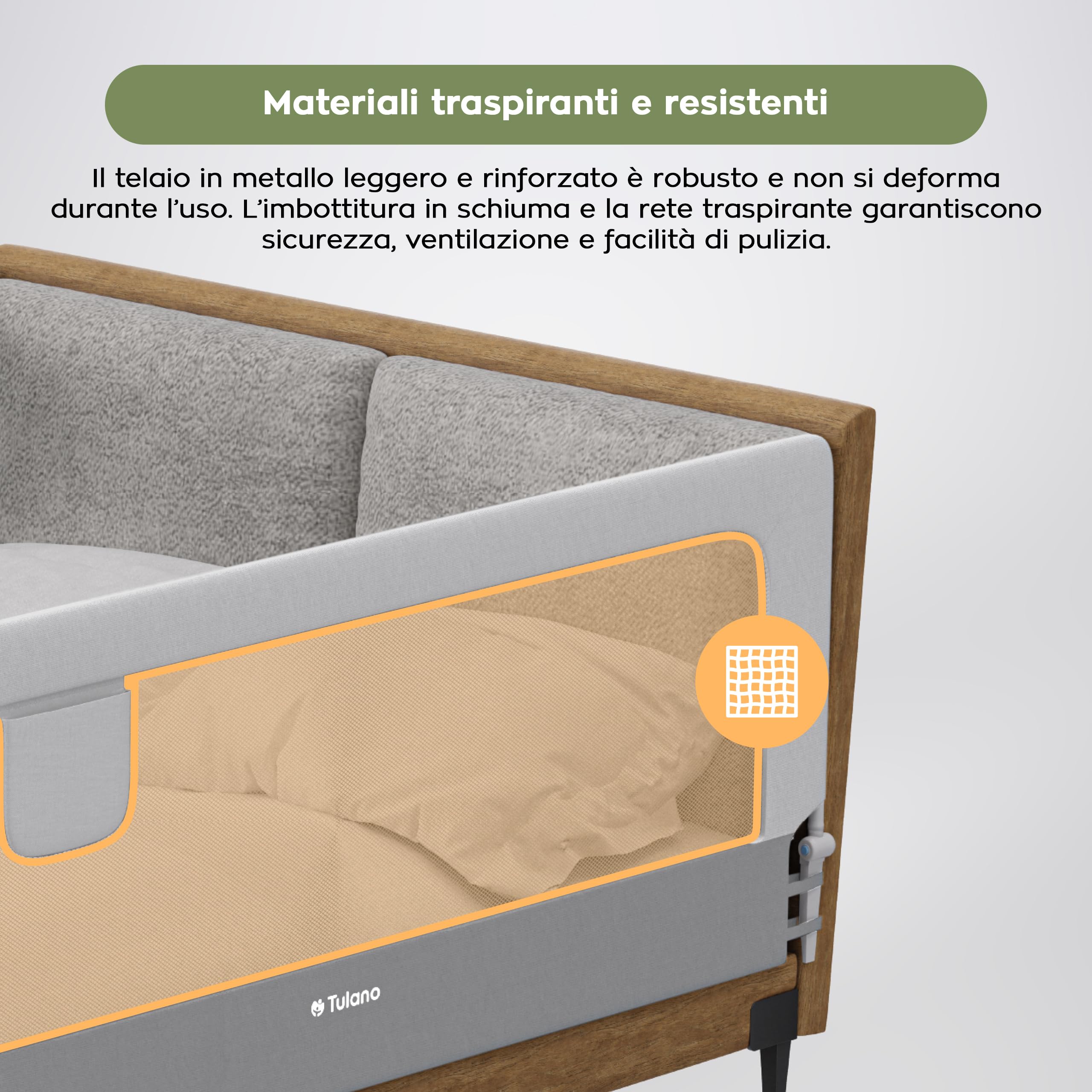 TULANO Cover 30 Barriera di sicurezza per letto 200 cm - Pieghevole a 180° | per materassi da 10 a 28 cm - con tessuto traspirante e angoli arrotondati - facile da montare - per bambini - bianco