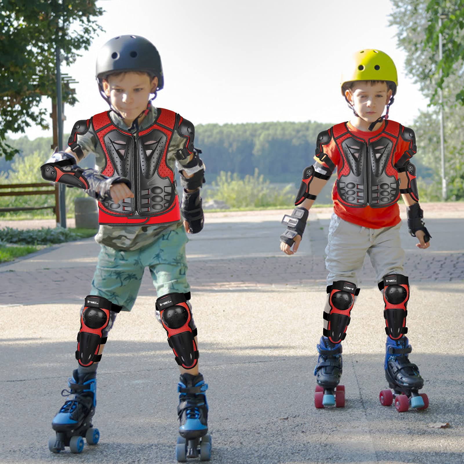Armatura Moto per Bambini,JUSTDOLIFE 5 Pezzi Set di Armatura da Moto Protezione di Motocross per Bambini Ginocchiere Traspiranti Gomito Pettorina per Tutti I Terreni Ciclismo Sci Pattinaggio