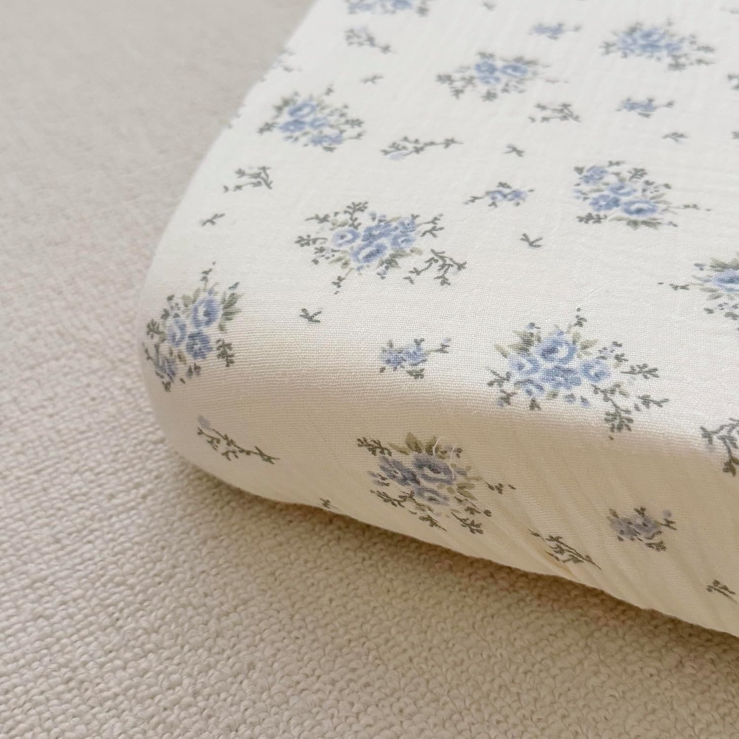 BuLuTu Blue Flower Design Muslin Crib Sheets for Boys Girls, 52"x28", 2 Pack Fitted Standard Crib Mattress Sheets Neutral, Double-Layer Gauze Cotton Cover for Baby Bed, Freesia & Blue Floral