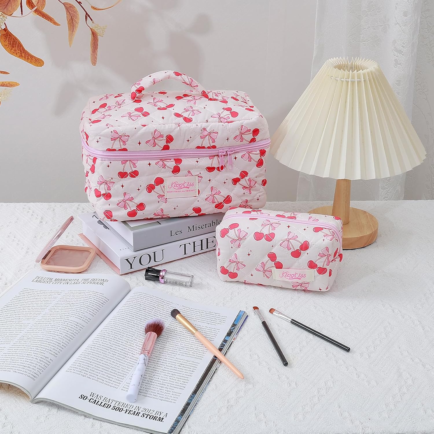 3-Piece Quilted Makeup Bag, Large Cute Coquette Pink Makeup Bag Set, Aesthetic Cosmetic Bags for Women, Travel Toiletry Bag Organizer with Zipper (Cherry Bow) - Image 6