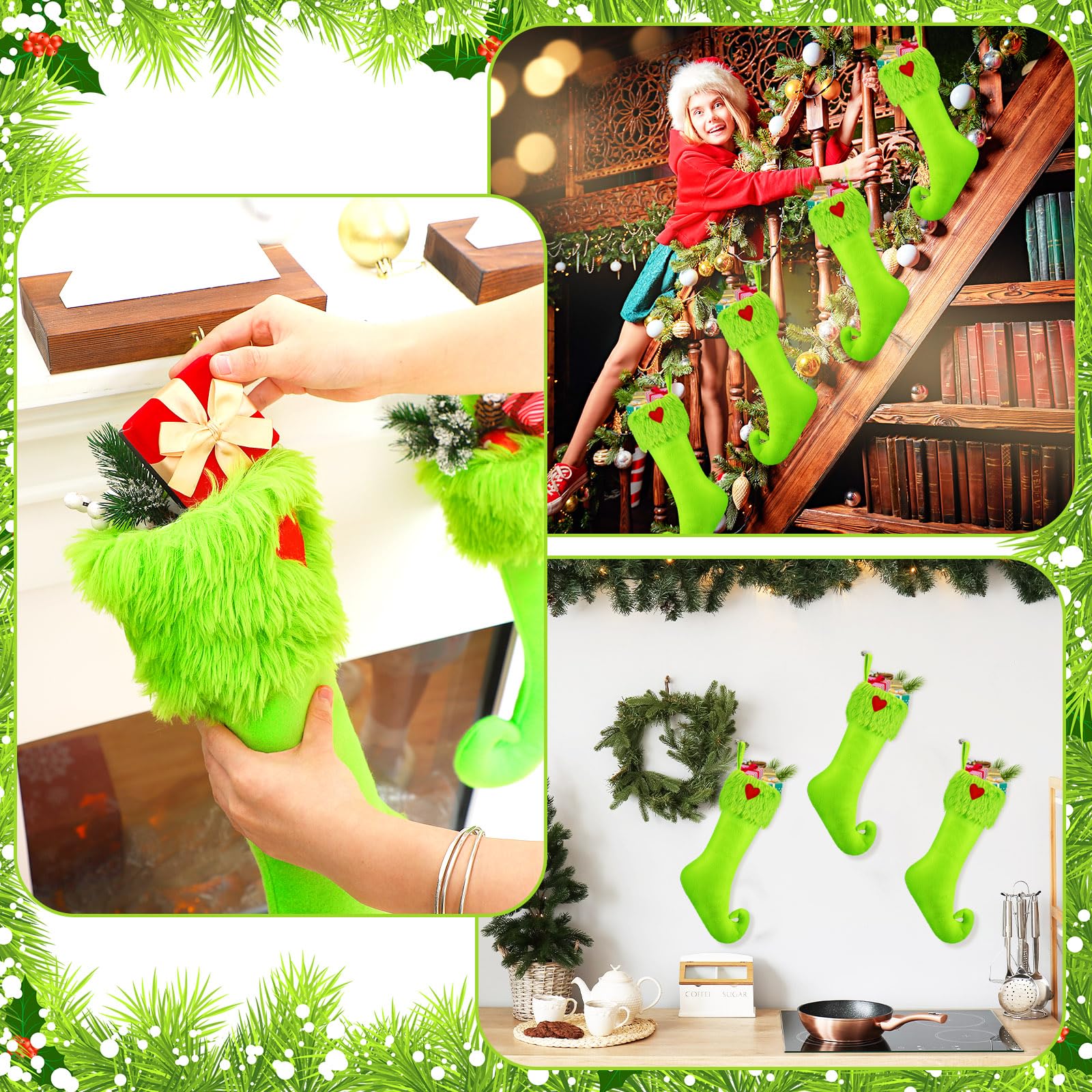 Coume Lot de 4 bas de Noël en fausse fourrure verte de 48,3 cm à suspendre pour sac à friandises, pochette à bonbons, cheminée, décoration à suspendre pour Noël, vacances, fête de famille