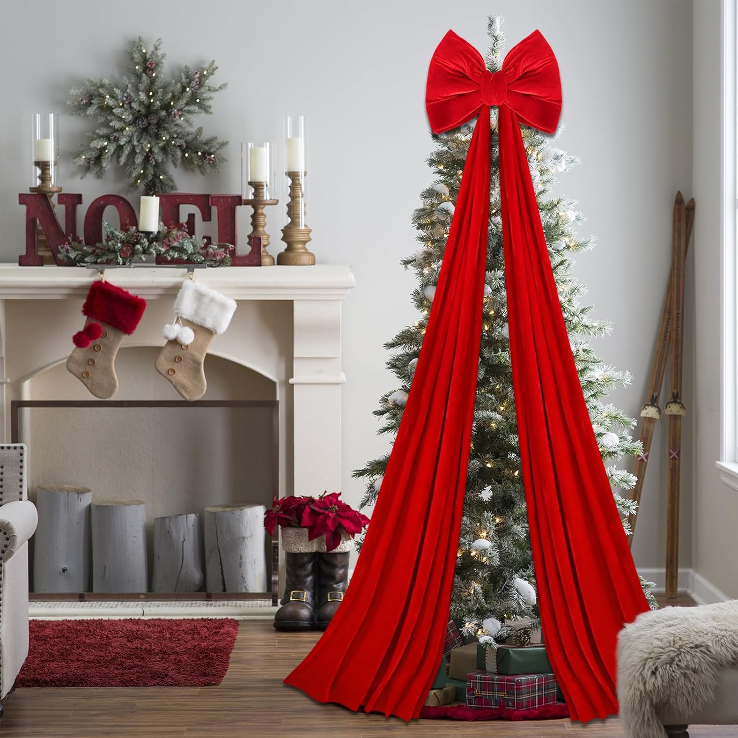 Extra Large Christmas Tree Topper Bows 78.7 x 15.7 Giant Bow Red Velvet Bow with Long Streamers for Tree Front Door Patio Outdoor Christmas Decorations(Red)