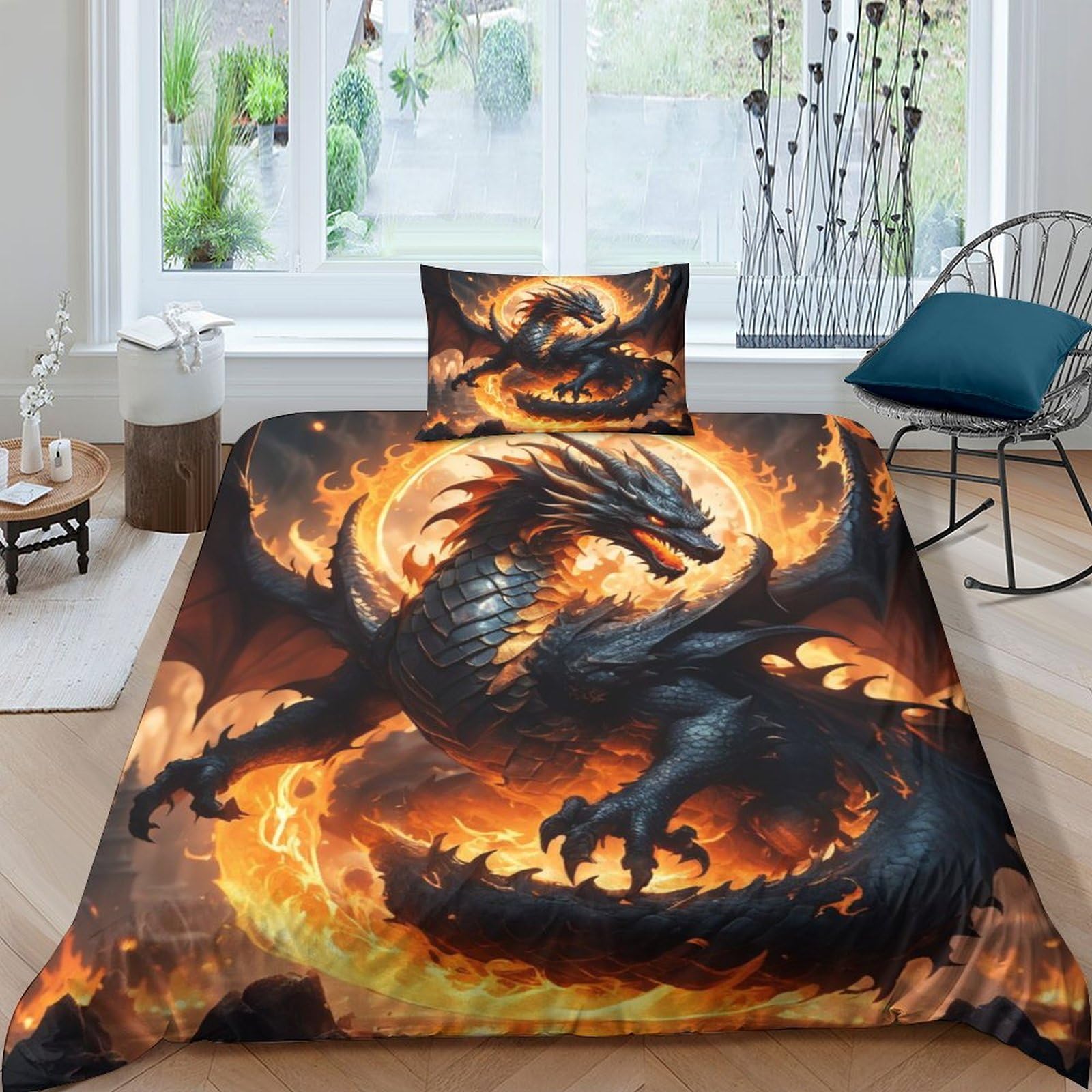 TNFHSOFT Flying Dragon 3D Printed Quilt Cover Flame Dragon Design Duvet Cover Set Bedding Set,Soft Microfiber,Hidden Zipper Boys And Girls Single（135x200cm）