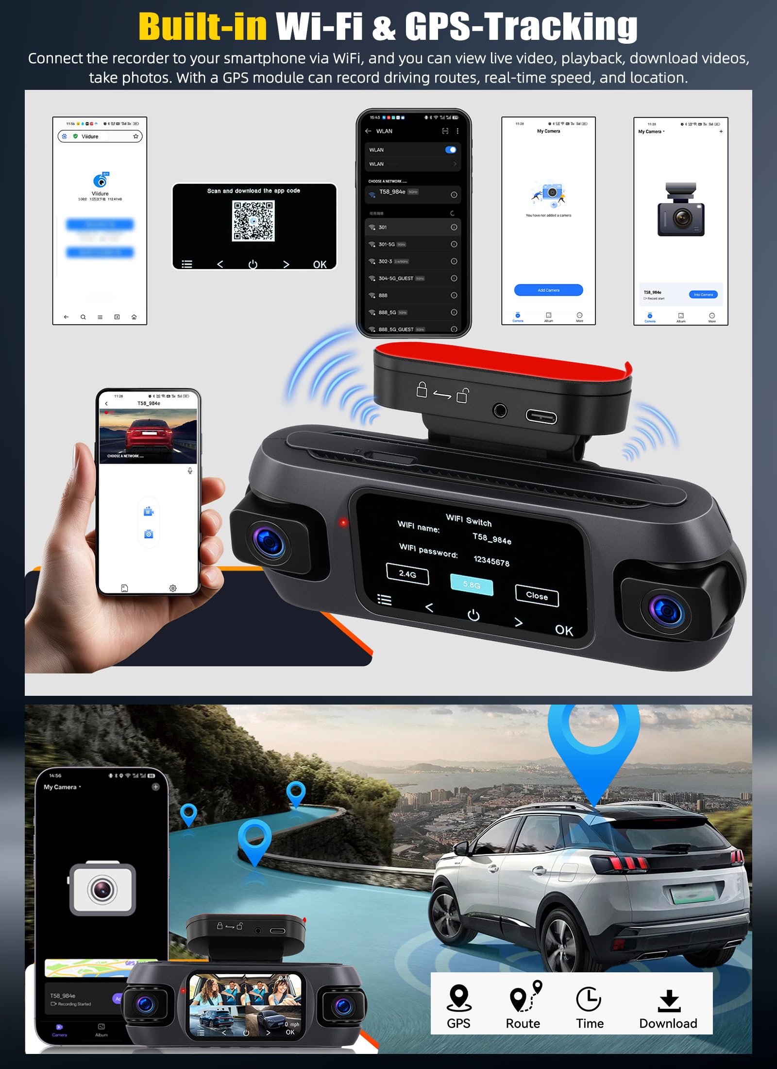 4K 360° Dash Cam Auto con GPS, Videocamera per Auto con Grandangolo 150°, Visione Notturna Super, Monitoraggio del Parcheggio, Sensore G, Registrazione in Loop, APP, Assistenza alla Retromarcia
