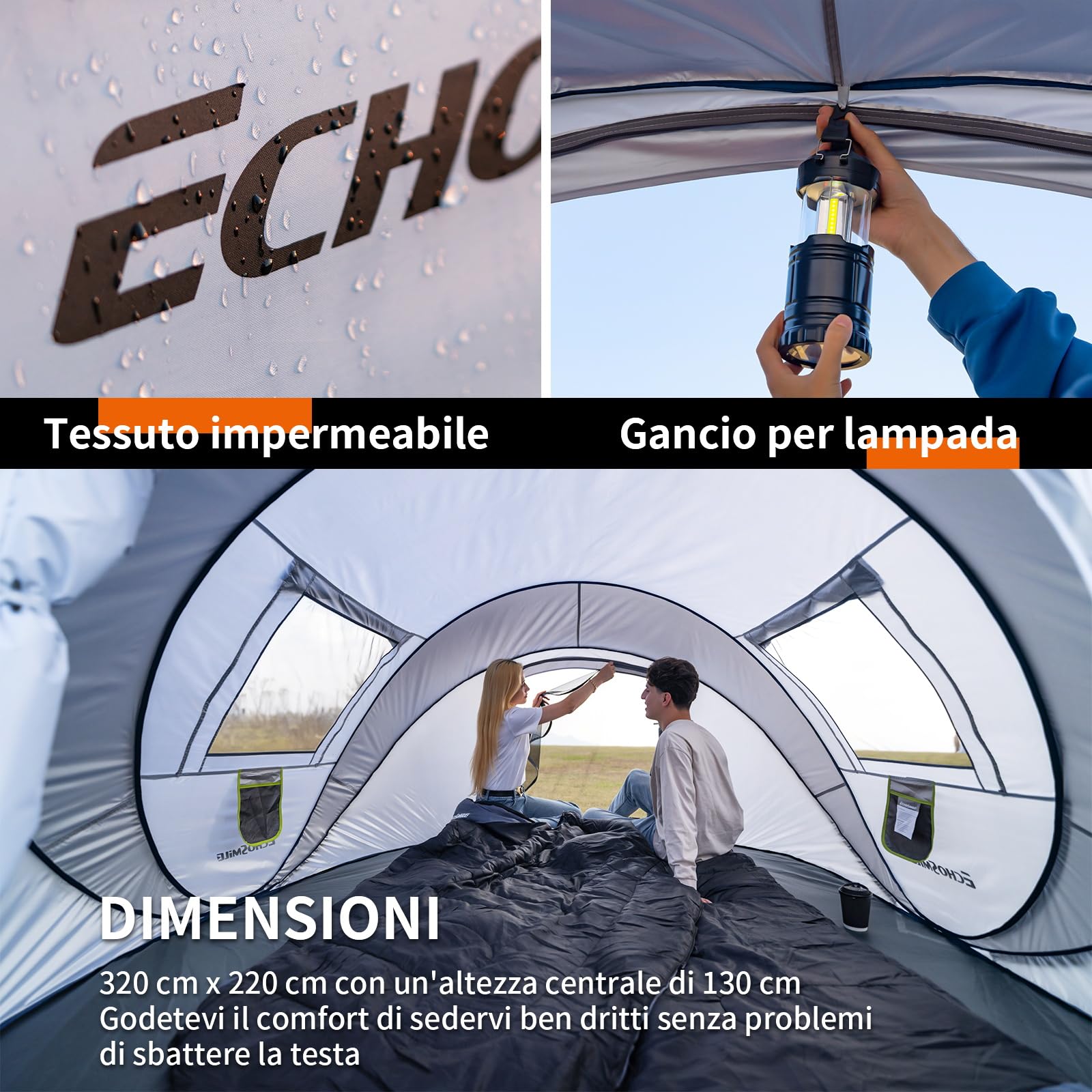 EchoSmile Tenda da Campeggio Istantanea Pop Up 5-8 Posti, Tenda Familiare Ultraleggera Portatile, Antivento e Impermeabile per Picnic, Trekking e Attività All'aperto, Bianco Grigio
