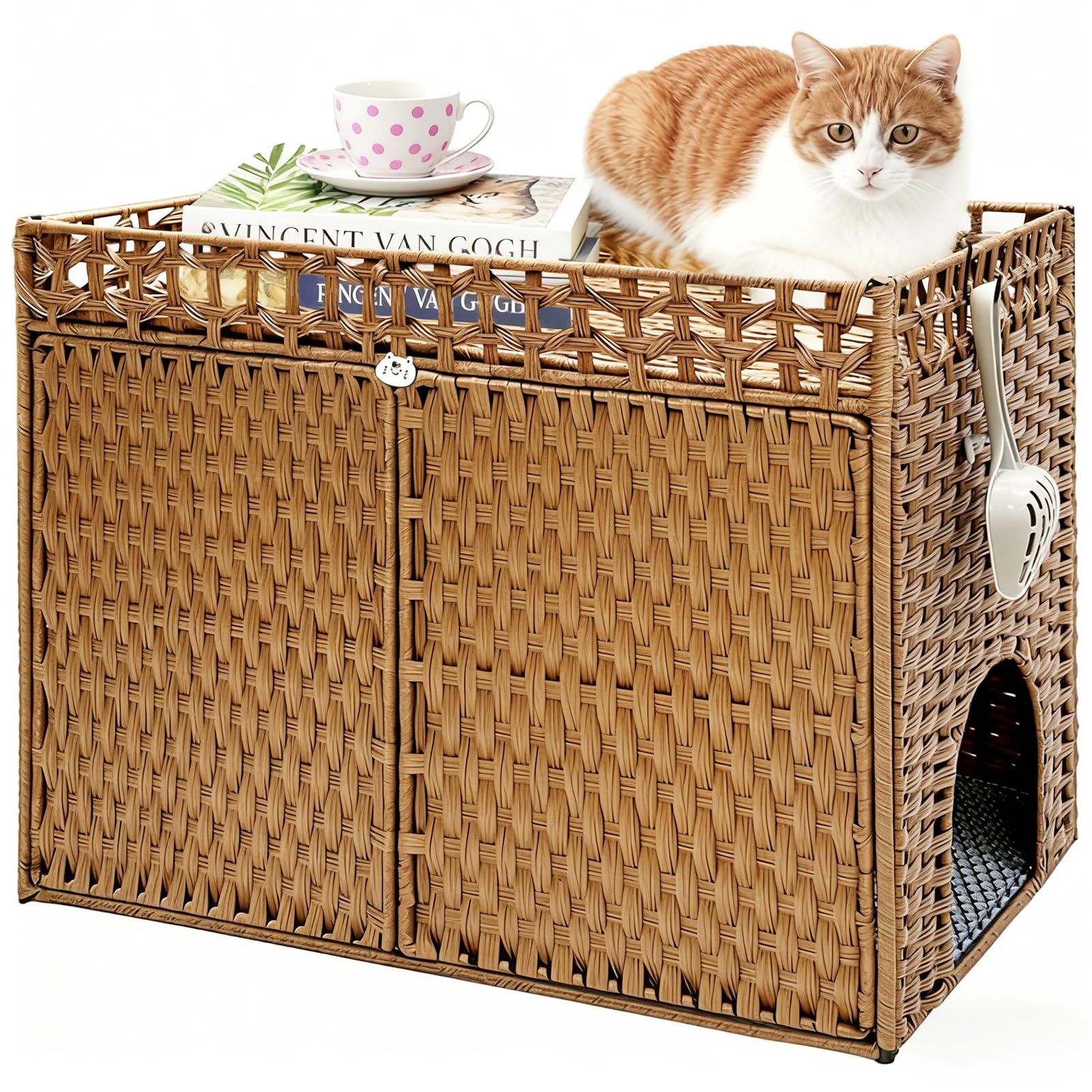 Homegroove Cat Litter Box Enclosure Furniture, Hidden Litter Box with Soft Mat and Fence, Comfortable Handwoven Rattan Cat House with S-Shaped Hooks for Living Room, Bedroom (Walnut)