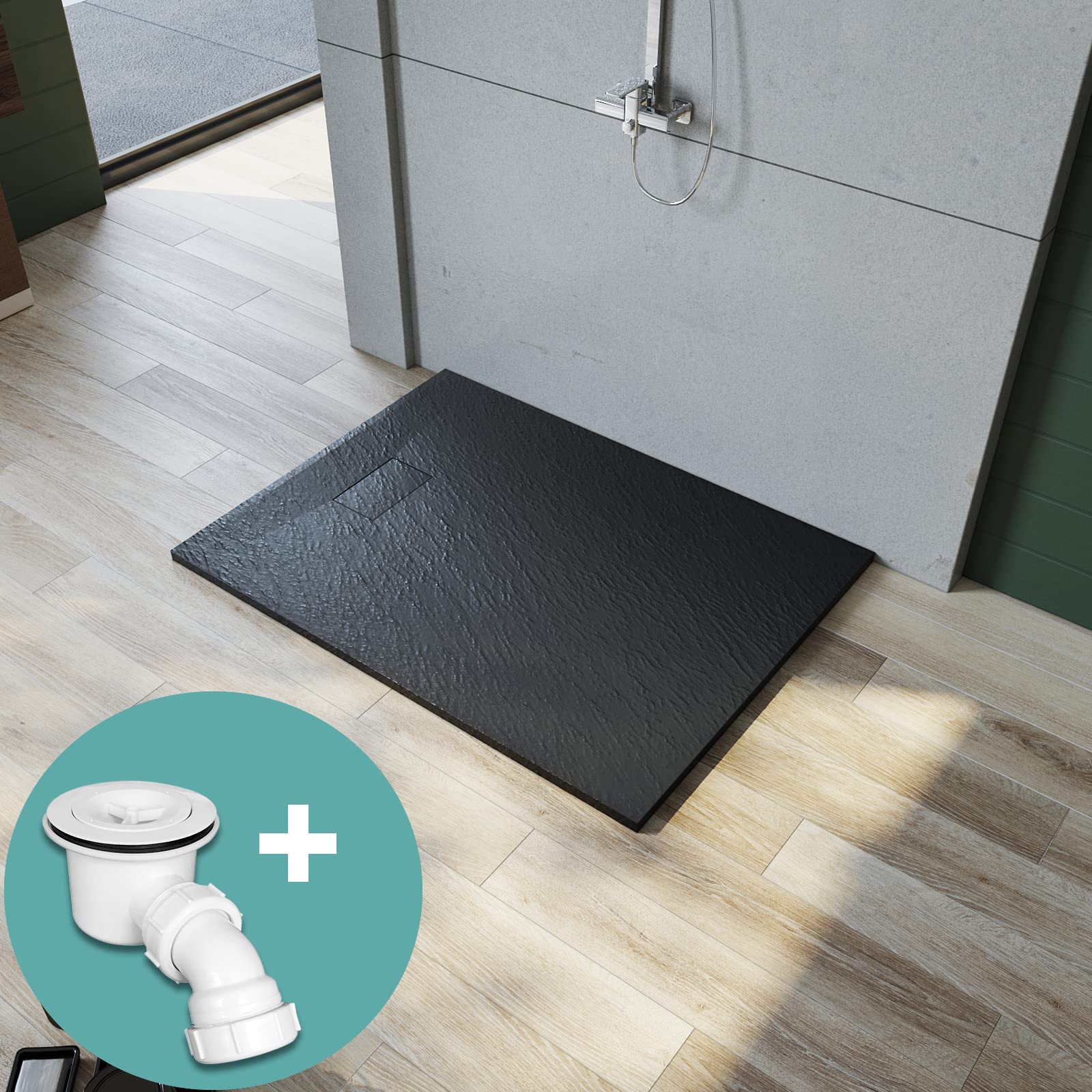 SMC Plato de ducha 120 x 90 cm, ‎Negro con sifón, plano, estructura antideslizante | Incluye desagüe de 90 mm de diámetro, plato de ducha plano, diseño especial para un desagüe oculto