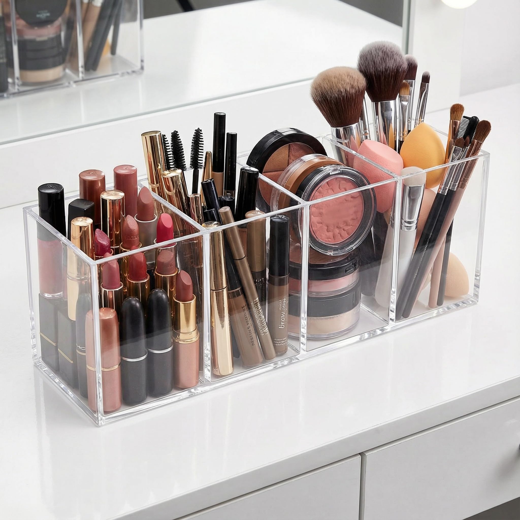 soporXw 3 Fächern Pinselhalter Kosmetik, Acryl Make Up Organizer, Klarer Pinsel Aufbewahrung für Badezimmer Schlafzimmer Waschtische Büro Schreibtisch, Schminktisch Zubehör, Es Kann Such Stiftehalter Kosmetik