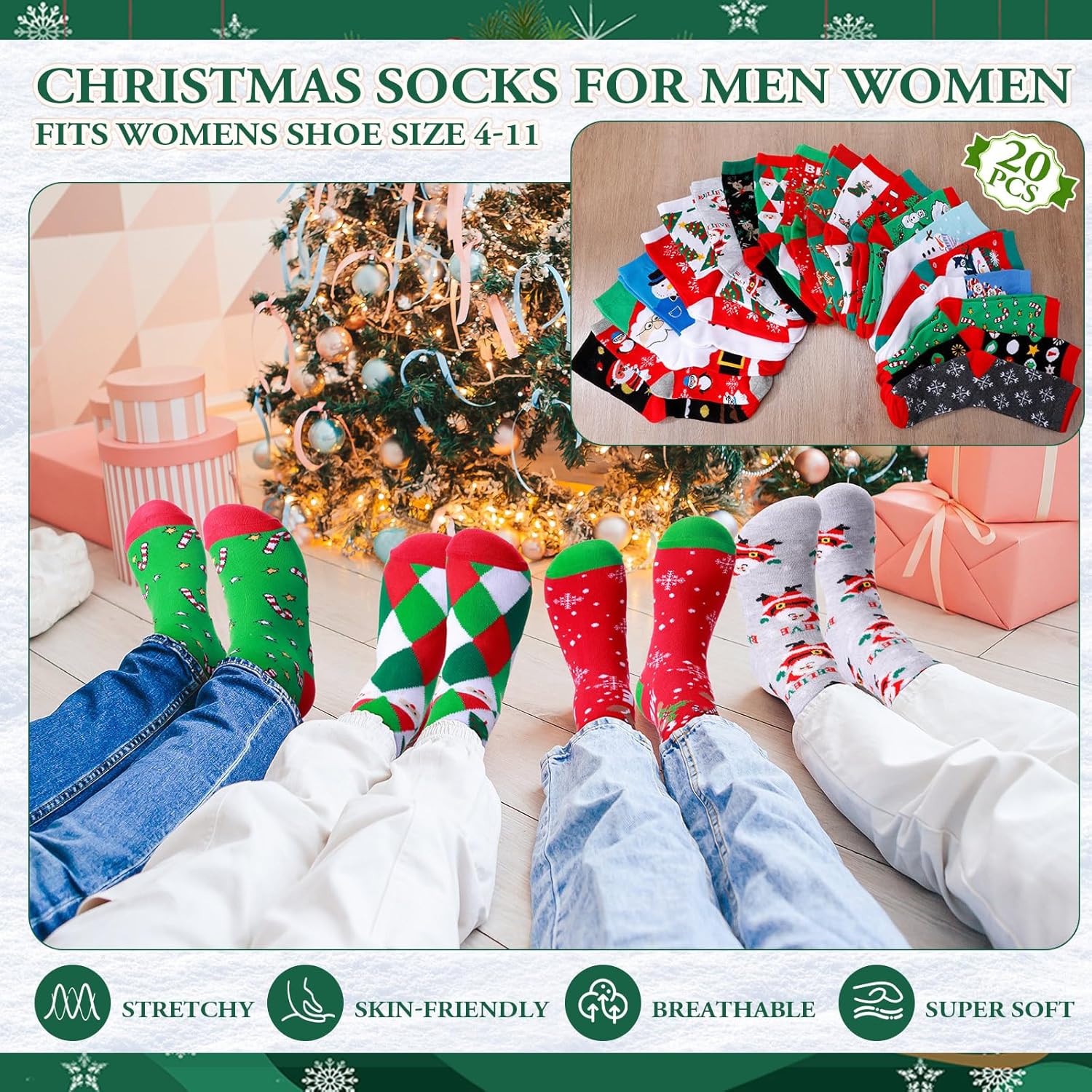 Shihanee 40 Pcs Christmas Gifts Bulk for Women 20 Pcs Christmas Canvas Makeup Bags and 20 Pairs Funny Xmas Socks Santa Snowflakes Snowman Reindeer Cosmetic Bags and Sock for Adults Coworker Employee