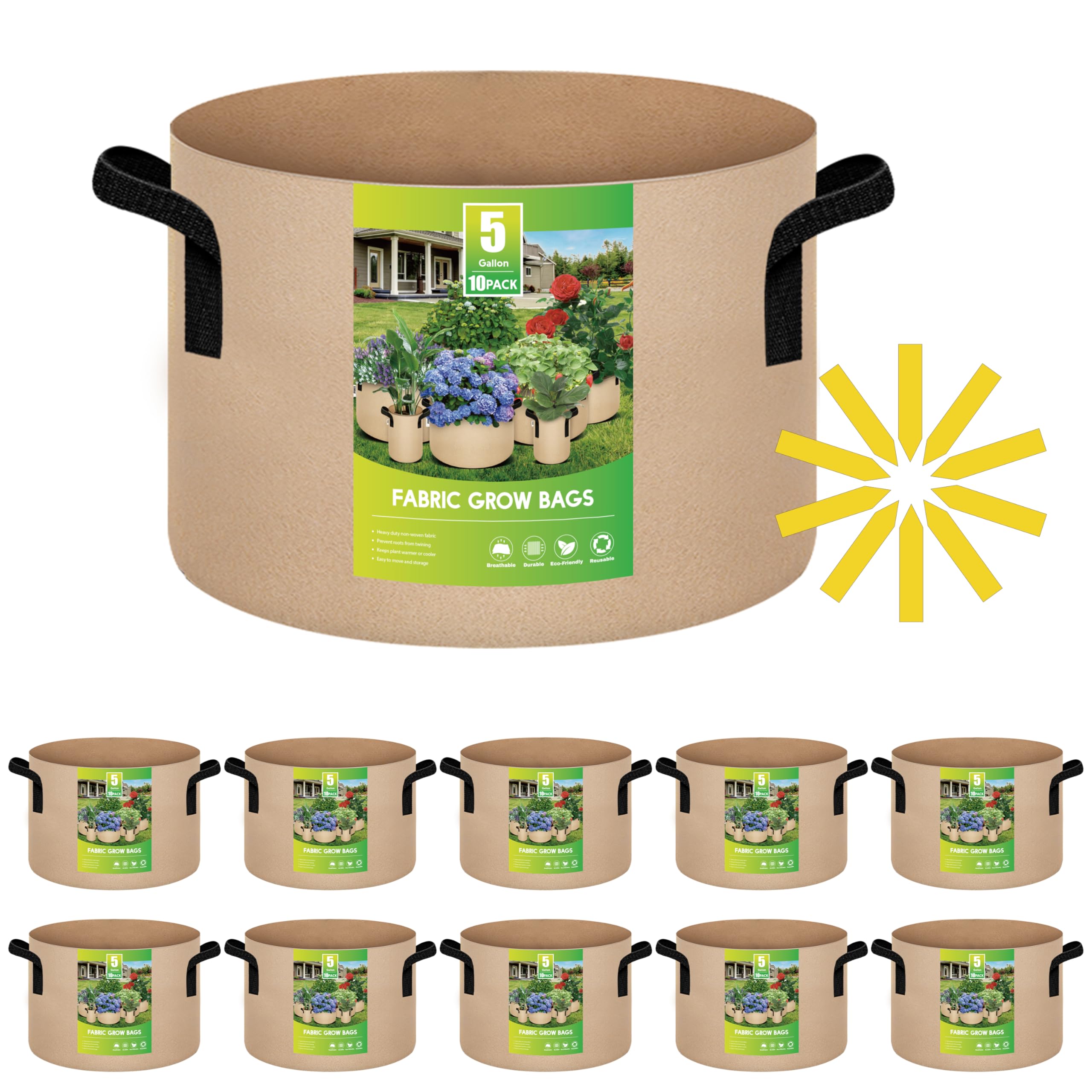 iPower Plant Grow Bags 5 Gallon 10-Pack Tan Heavy Duty Thickened Nonwoven Aeration Fabric Pots Durable Container with Strap Handles, Gardening & Planting Fruit