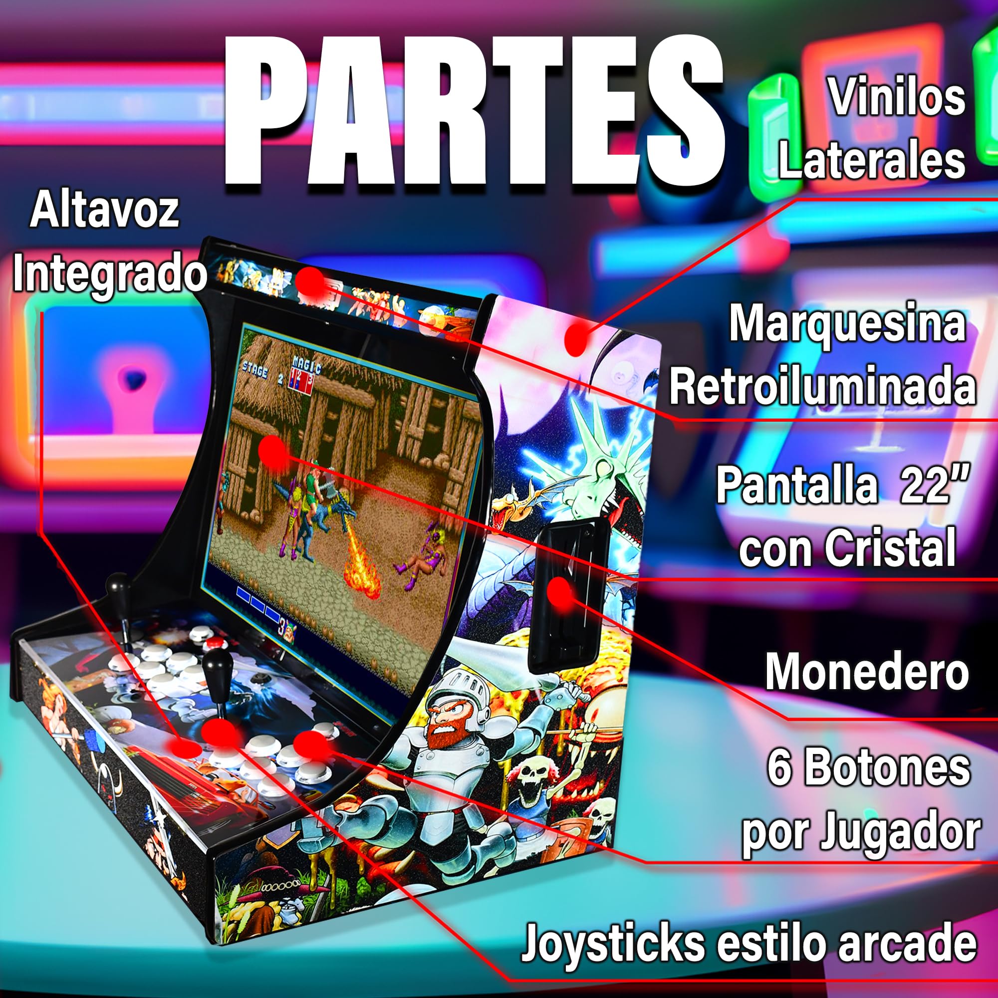 Máquina Arcade Retro 22" con Pantalla HD | 2 Jugadores | 6 Botones por Jugador | Modo Free Play o Monedero | Altavoz Integrado | Marquesina LED | Mueble Arcade Hecho a Mano