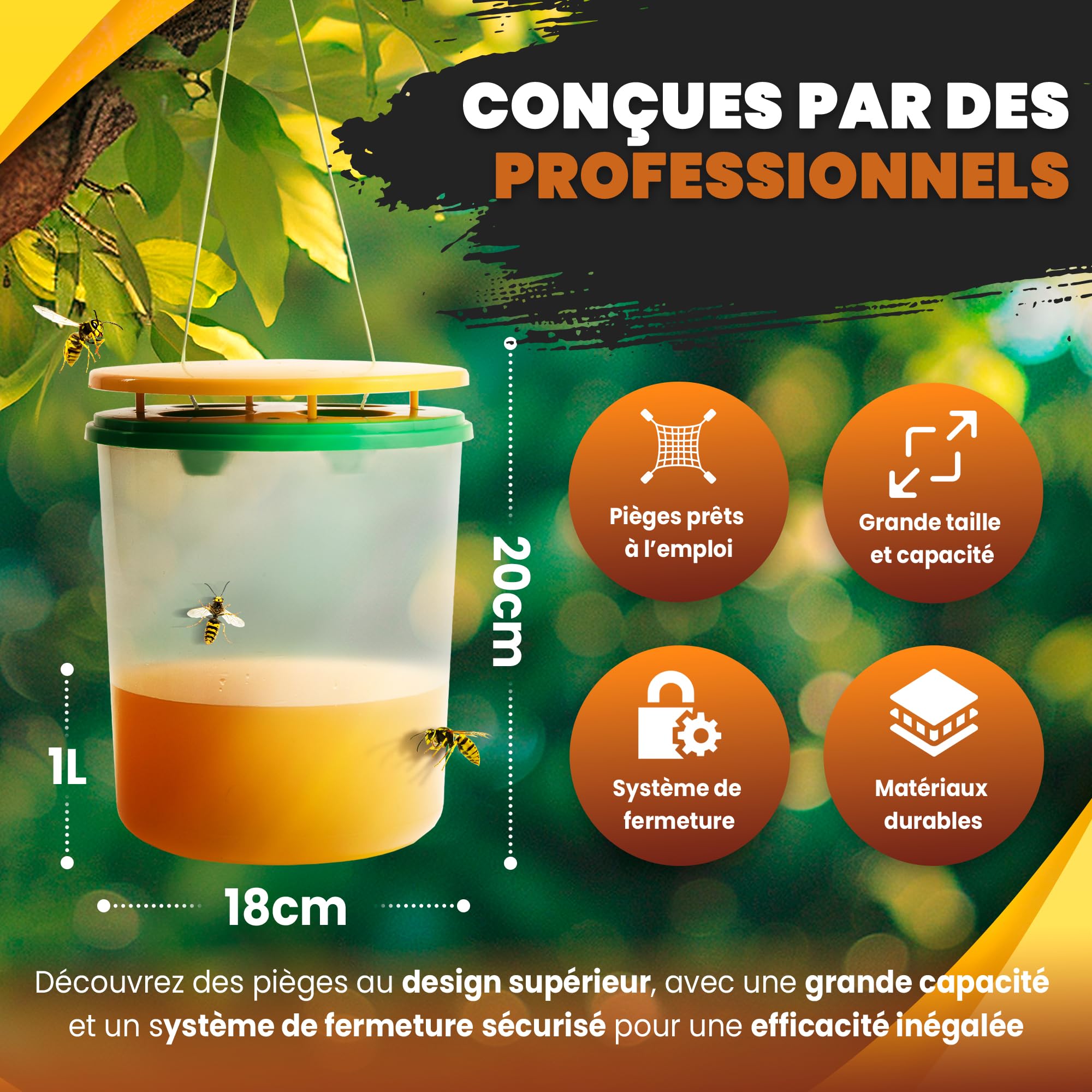 Mice&Co 2X Pièges à Guêpes Professionnels Grande Taille - Piège à Frelon Asiatique | Piège Anti Guêpe Attrape Frelons Asiatiques Vespa Velutina Écologique Extérieur