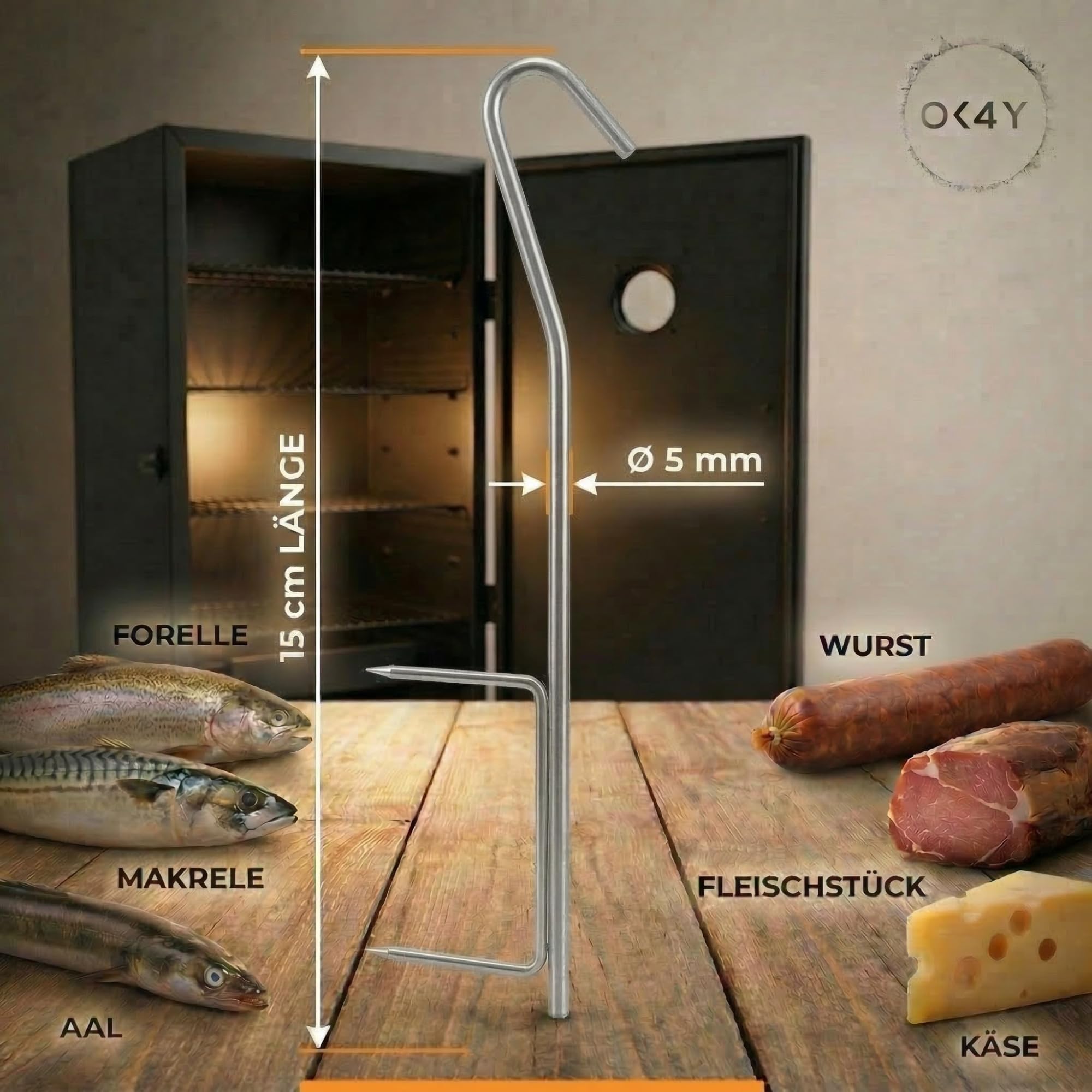 10 ganci per affumicatura Deluxe a doppia punta L, 15 cm, in acciaio inox, diametro 5 mm, extra forti