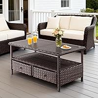 Vista 2 de VINGLI Mesa de centro de mimbre para exteriores con 2 cajones y parte superior de vidrio templado, mesa de centro de patio al aire libre para Con