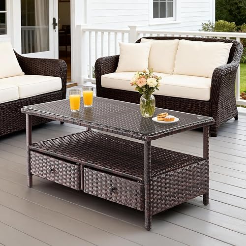 Miniatura 2 de VINGLI Mesa de centro de mimbre para exteriores con 2 cajones y parte superior de vidrio templado, mesa de centro de patio al aire libre para Con