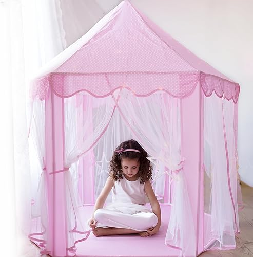 Miniatura 4 de Princess Castle Tent con cadena grande de luces de estrella, casa de juegos duradera para niños para juegos en interiores y exteriores, estimula el