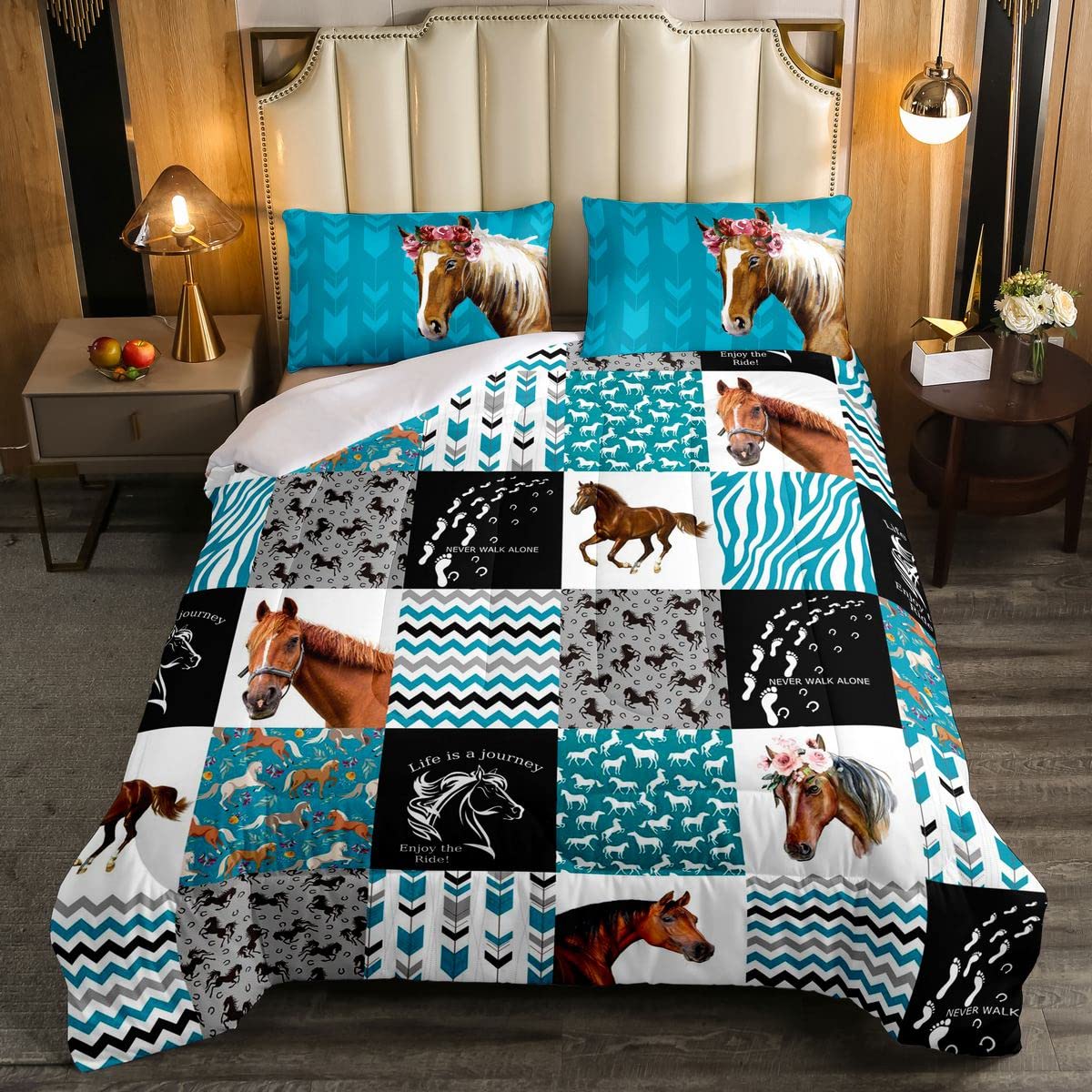 Loussiesd Horse Bedding Set Girls Floral Horse Duvet Set for Kids Women Buffalo Check Geometric Farmhorse Blue Wild Animal Double Size 3Pcs