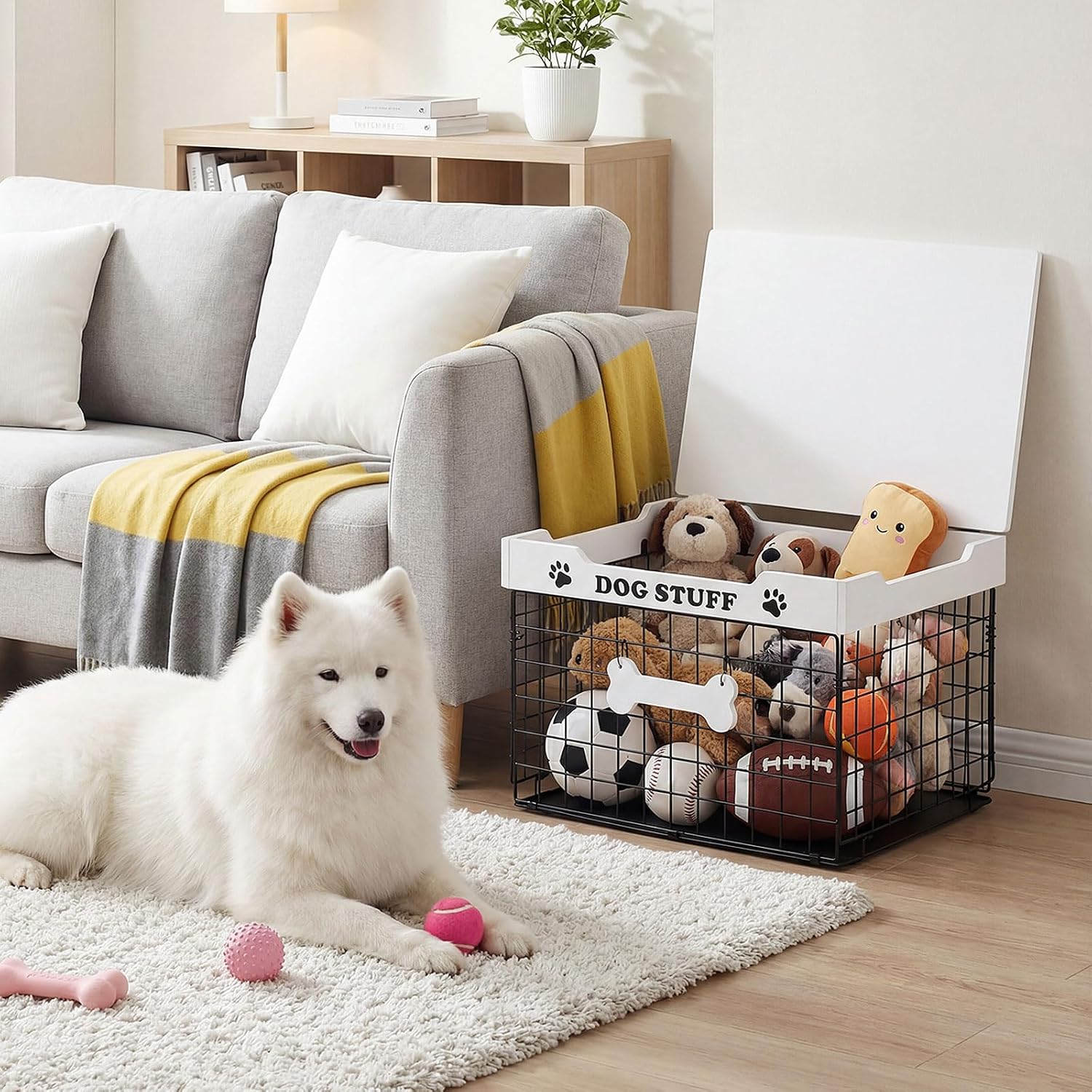 Briwooody Dog Toy Bin Basket with Lid, 15.4'' Large Metal Dog Toy Storage Box with Bone Handle, Organizer Chew for Living Room, Farmhouse Food Storage Organizer for Leash Chew Blankets Clothes(White)