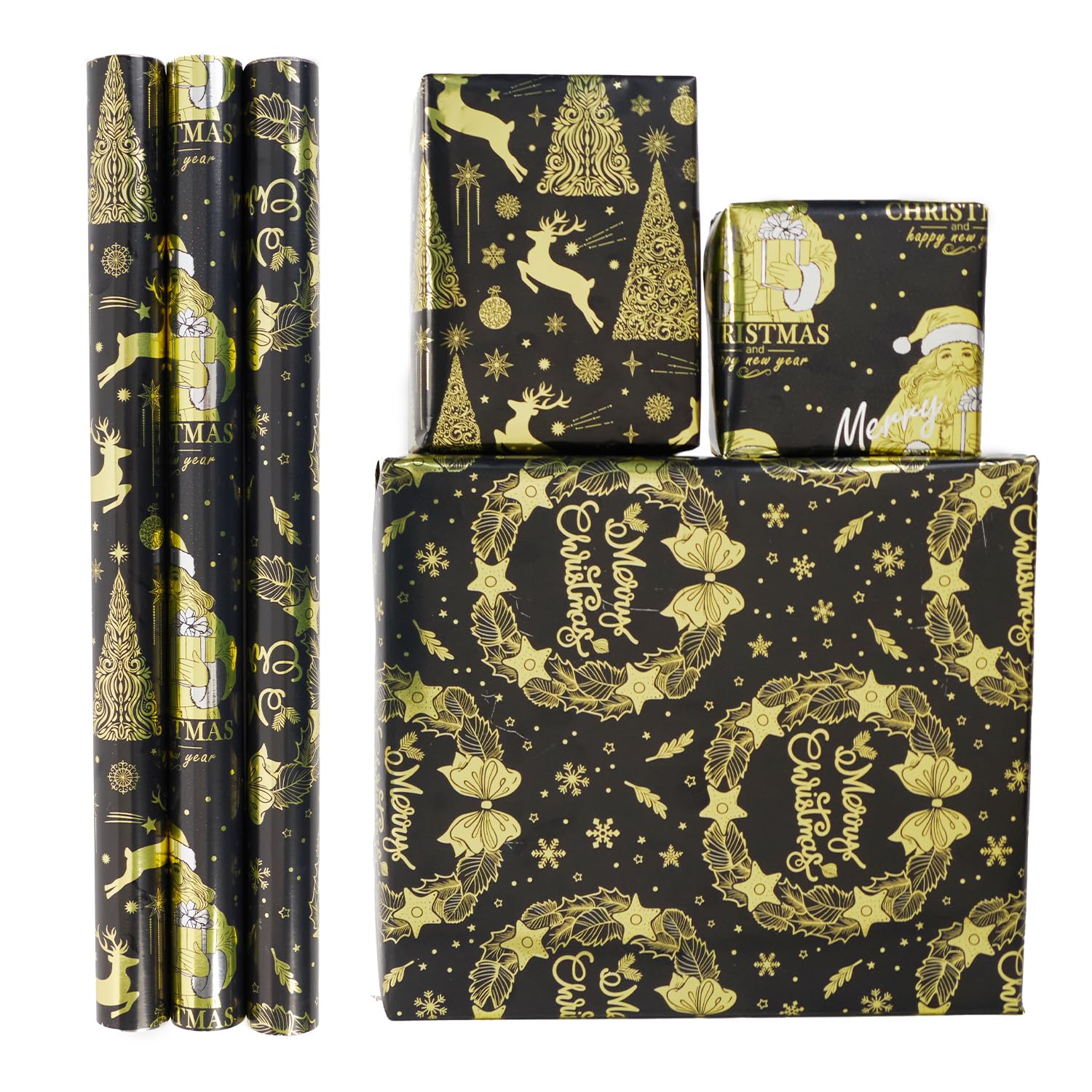 Black Gold Christmas Wrapping Paper Roll,3 Rolls 43cm x 3m Xmas Gift Wrapping Paper,Metallic Gift Wrap Paper with Snowflake Xmas Tree Pattens for Christmas,Party,Festive Decorations