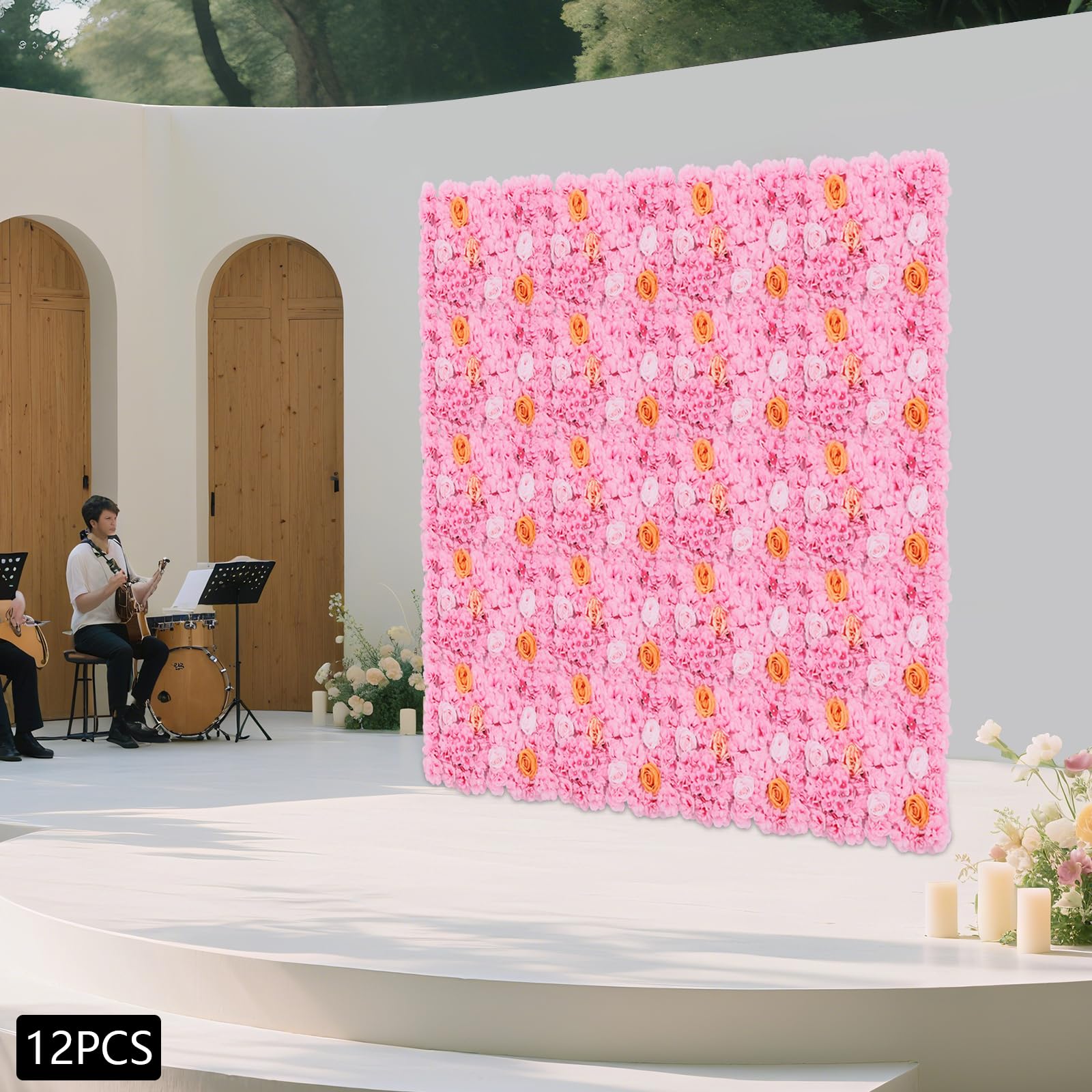 Künstliche Blumenwand 12-teilig, Blumen Wandpaneel 60x40cm aus Seide für Garten Balkon Dekoration, Realistische Kunstblumen für Hochzeit Party Wohnzimmer, DIY Deko Set Rosa Champagne